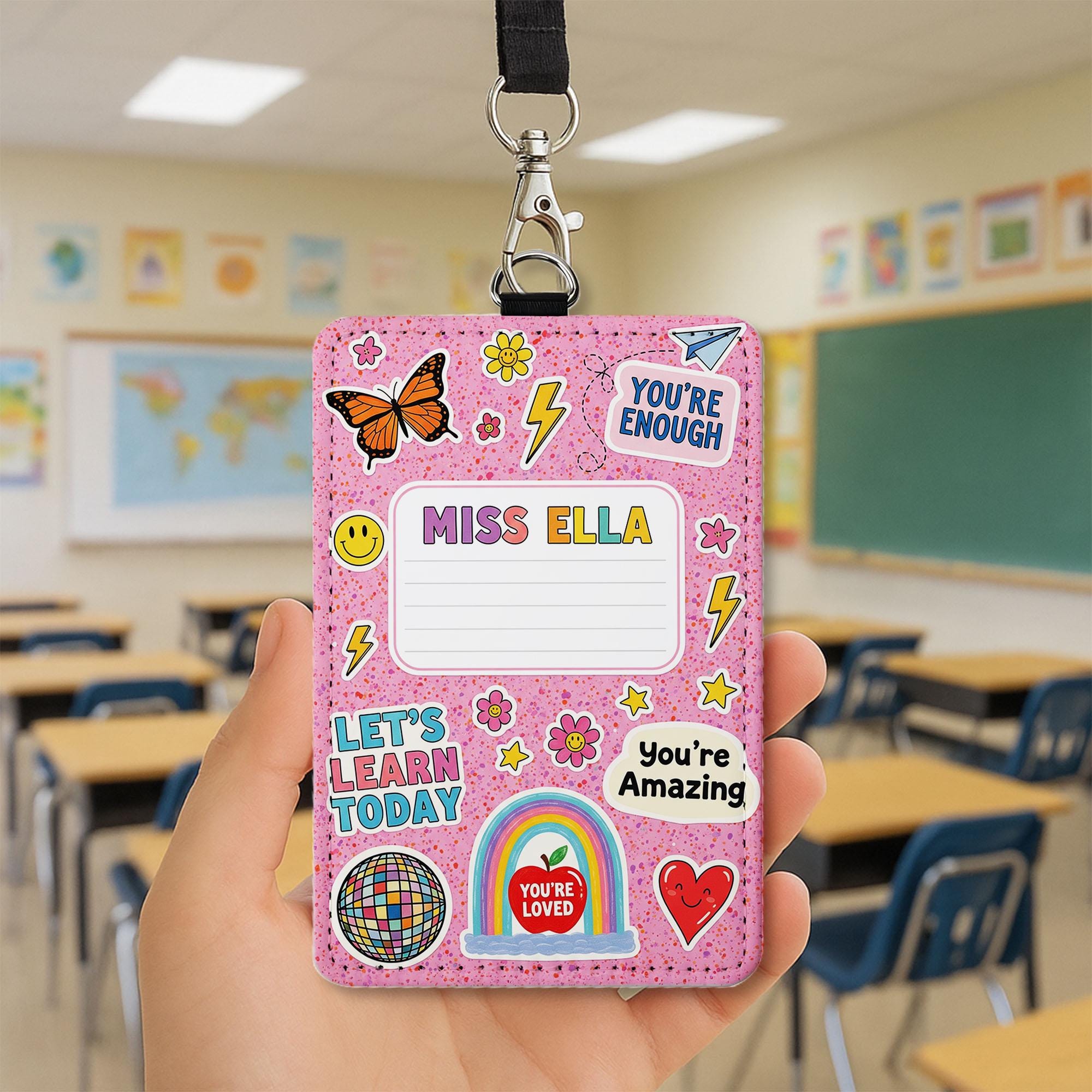 Teacher Badge Holder, Cute ID Badge, Teacher Lanyard, Rainbow Name Tag, Personalized Teacher Gift, Classroom Accessories