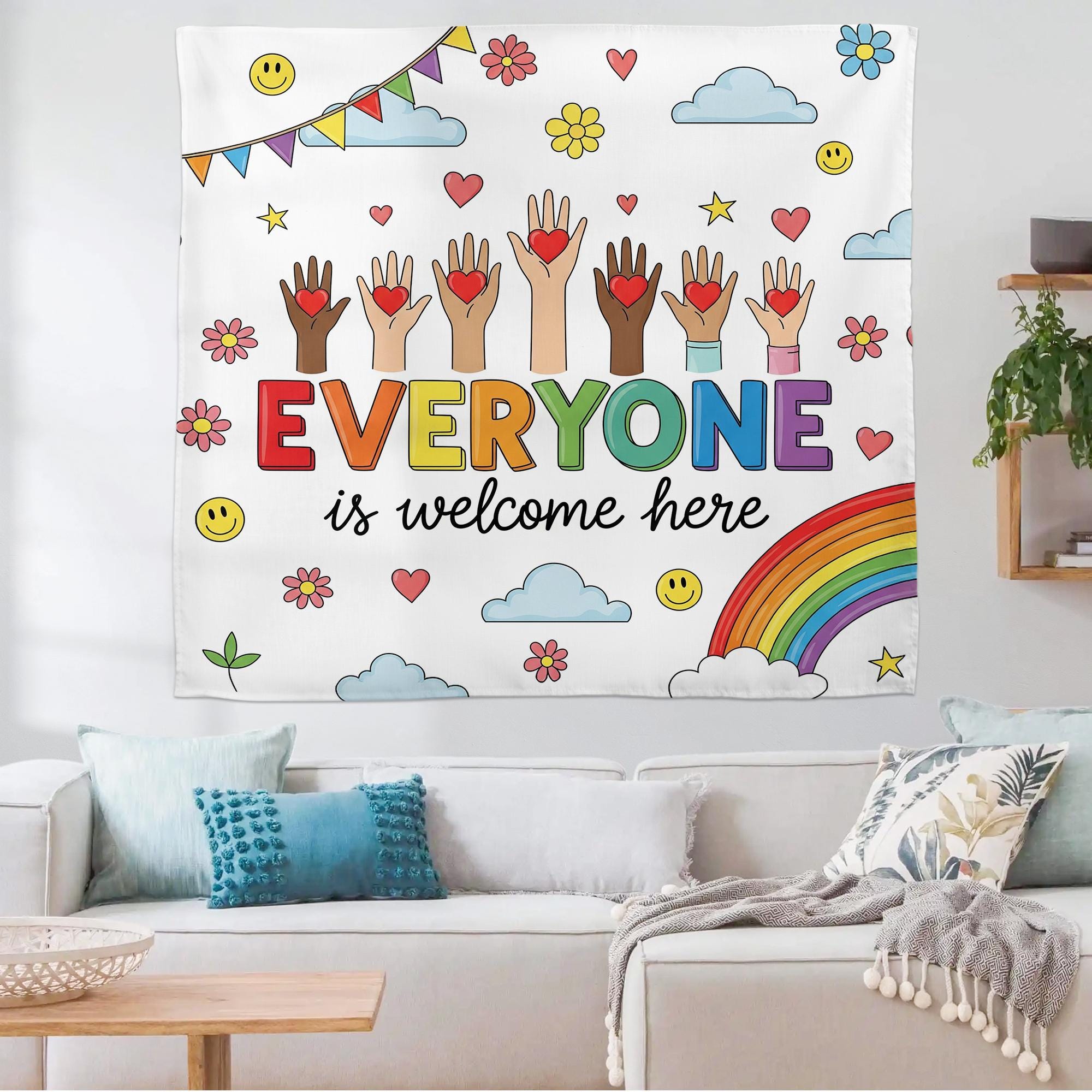 Everyone Is Welcome Here Tapestry, Classroom Wall Decor, Inclusive Rainbow Banner, Diversity Poster, Positive School Art