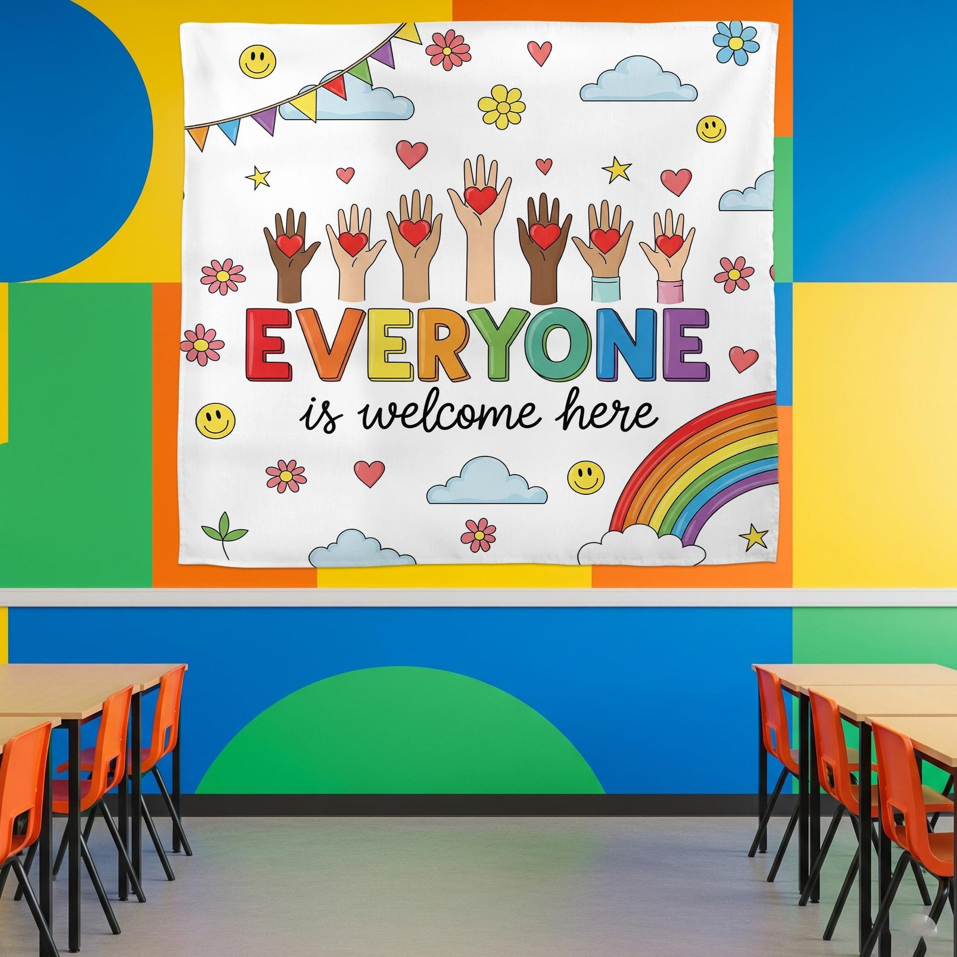 Everyone Is Welcome Here Tapestry, Classroom Wall Decor, Inclusive Rainbow Banner, Diversity Poster, Positive School Art
