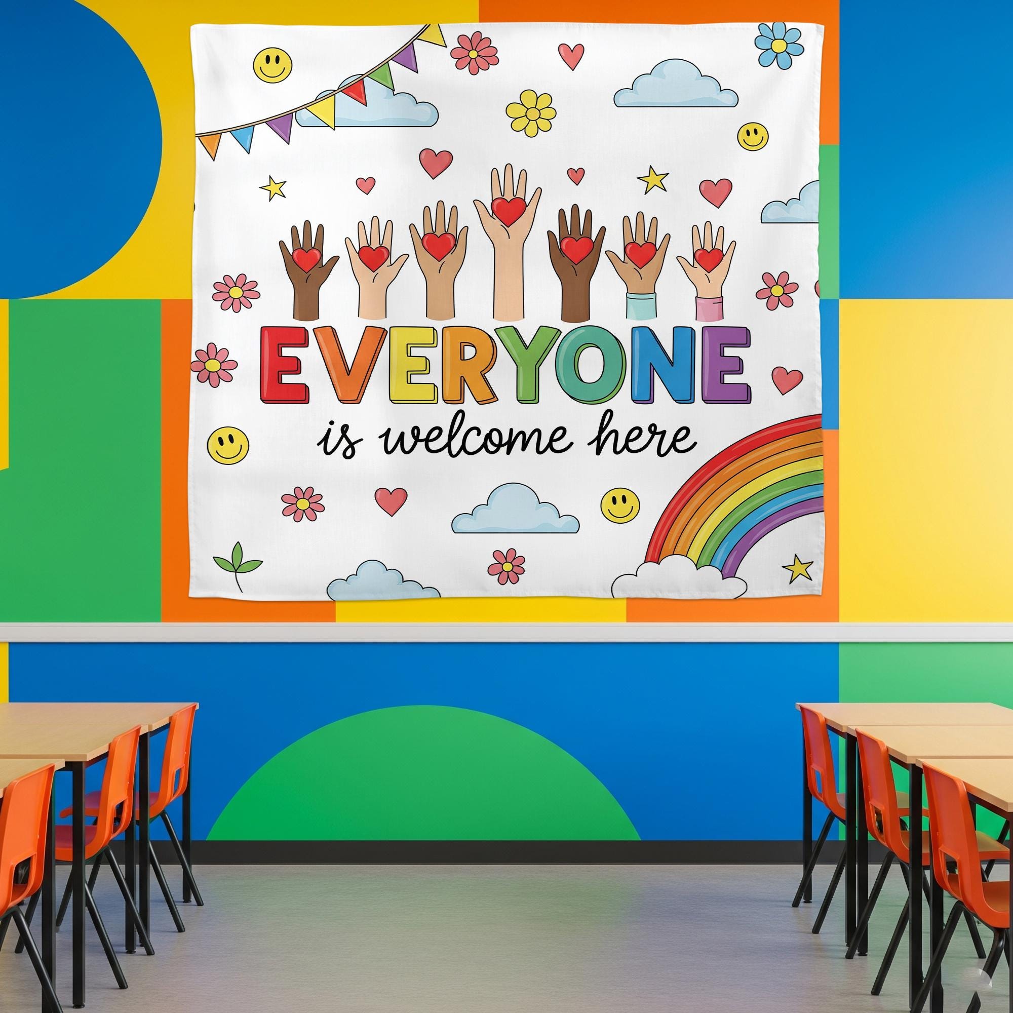 Everyone Is Welcome Here Tapestry, Classroom Wall Decor, Inclusive Rainbow Banner, Diversity Poster, Positive School Art