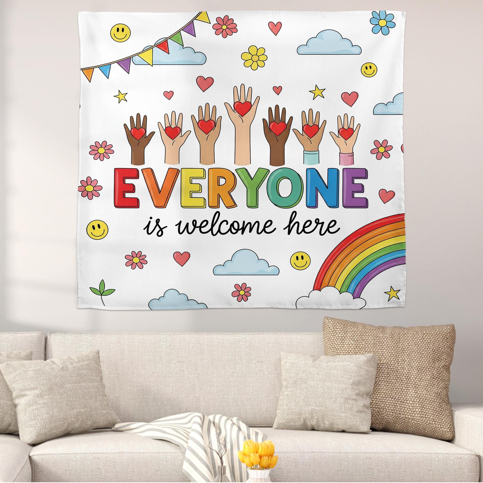 Everyone Is Welcome Here Tapestry, Classroom Wall Decor, Inclusive Rainbow Banner, Diversity Poster, Positive School Art