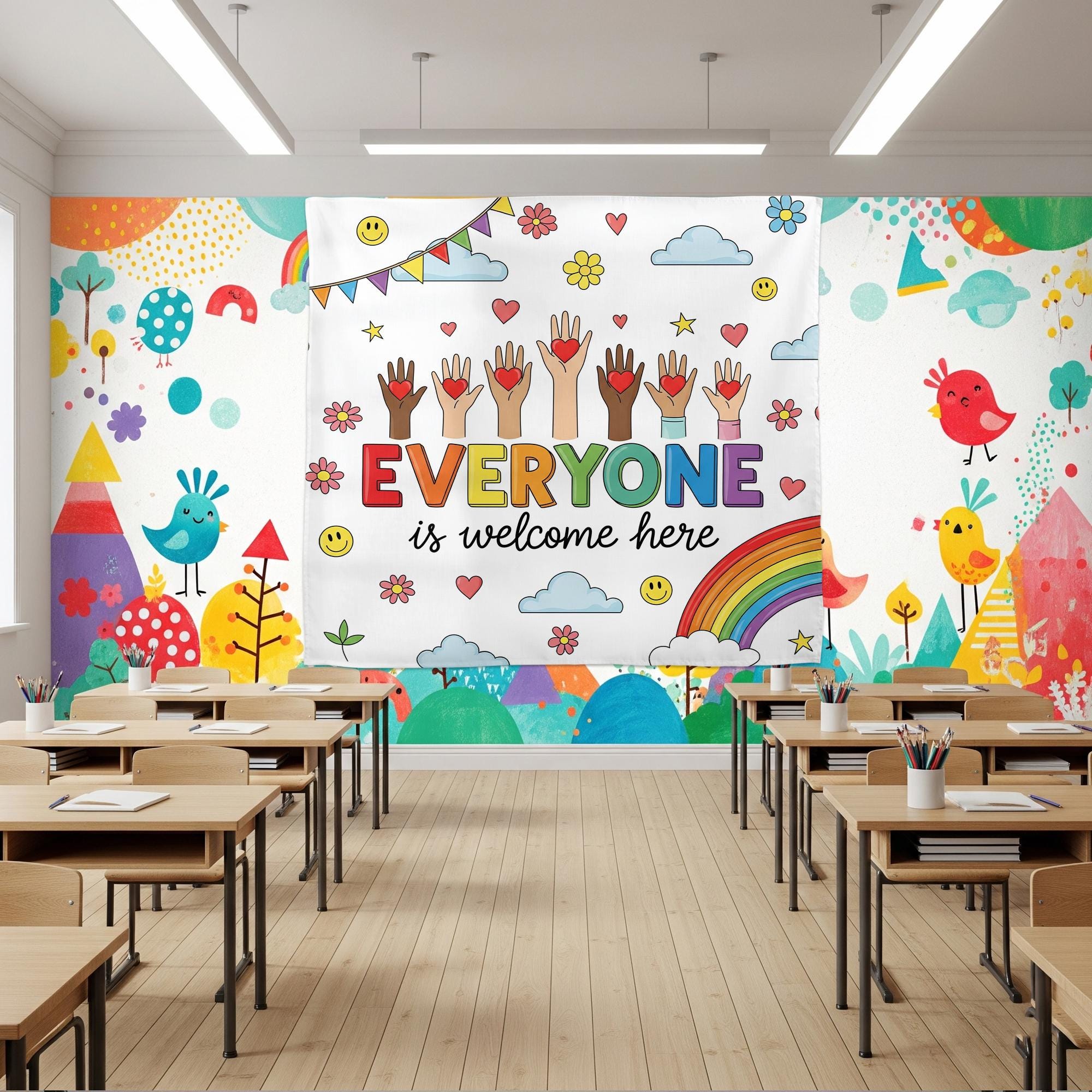 Everyone Is Welcome Here Tapestry, Classroom Wall Decor, Inclusive Rainbow Banner, Diversity Poster, Positive School Art