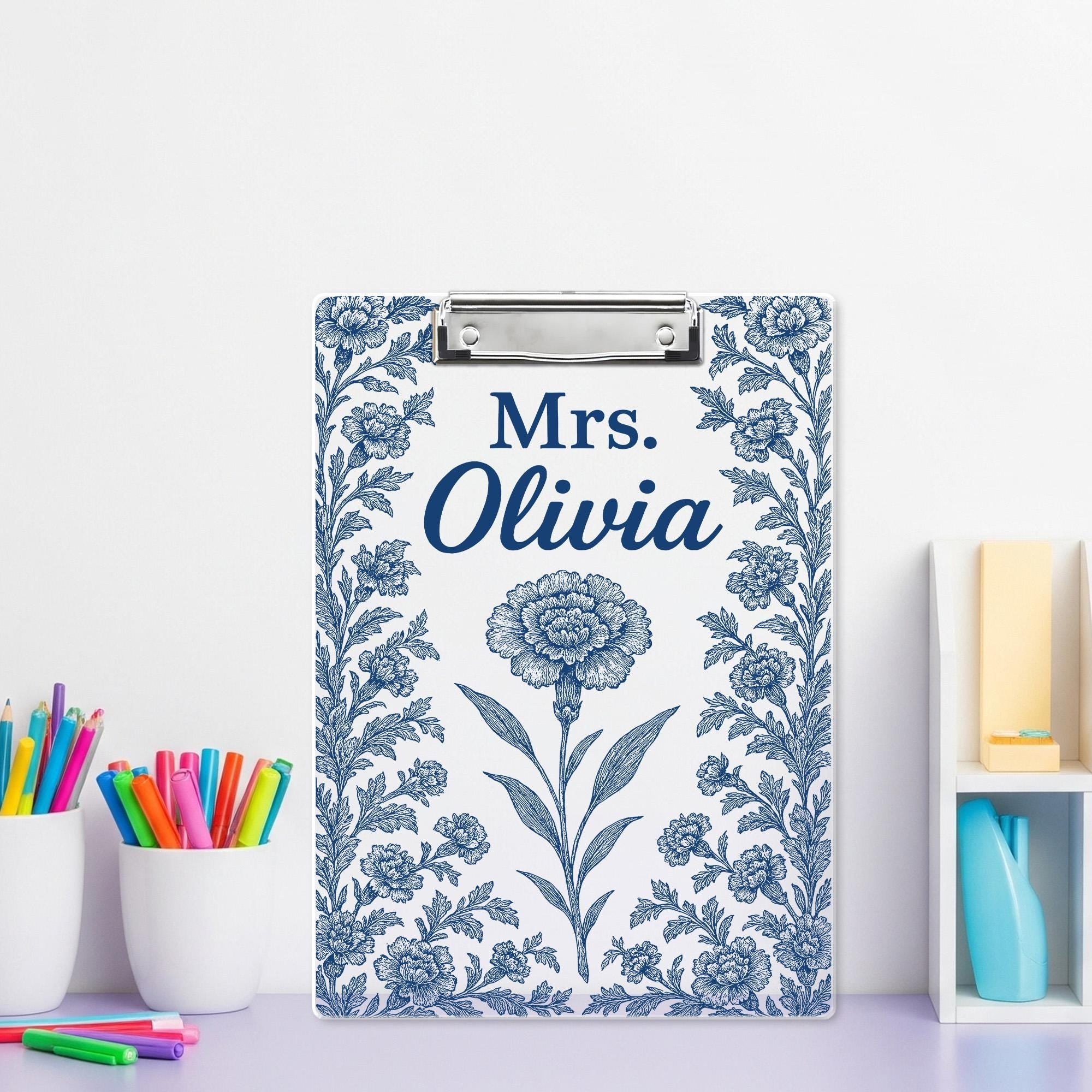 Personalized Clipboard for Teacher - Blue Chinoiserie Birth Flower Design - Custom Name Acrylic Clipboard - Floral Gift for Nurse, Educator