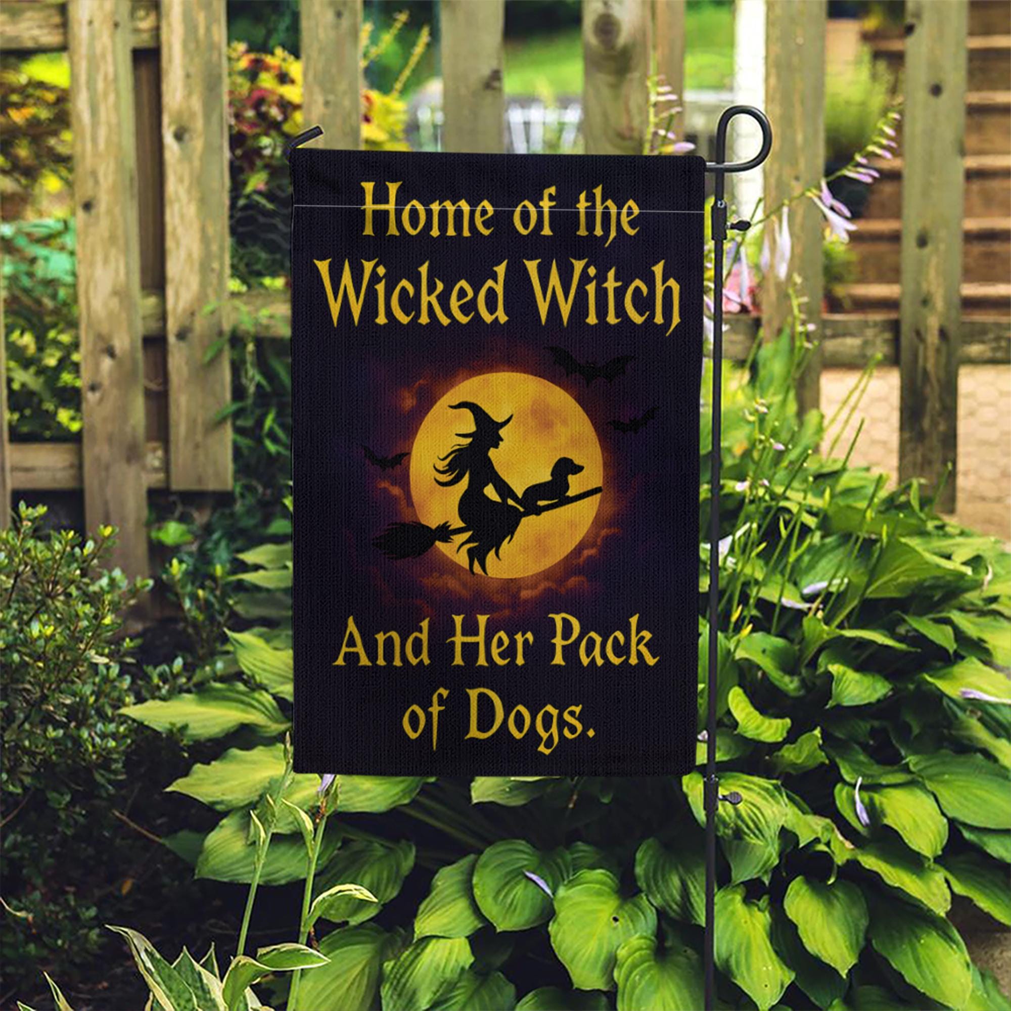 Wicked Witch And Her Pack of Dogs Garden Flag, Funny Halloween Decor, Witchy Dog Lover Gift, Spooky Pet Lover Yard Art Banner