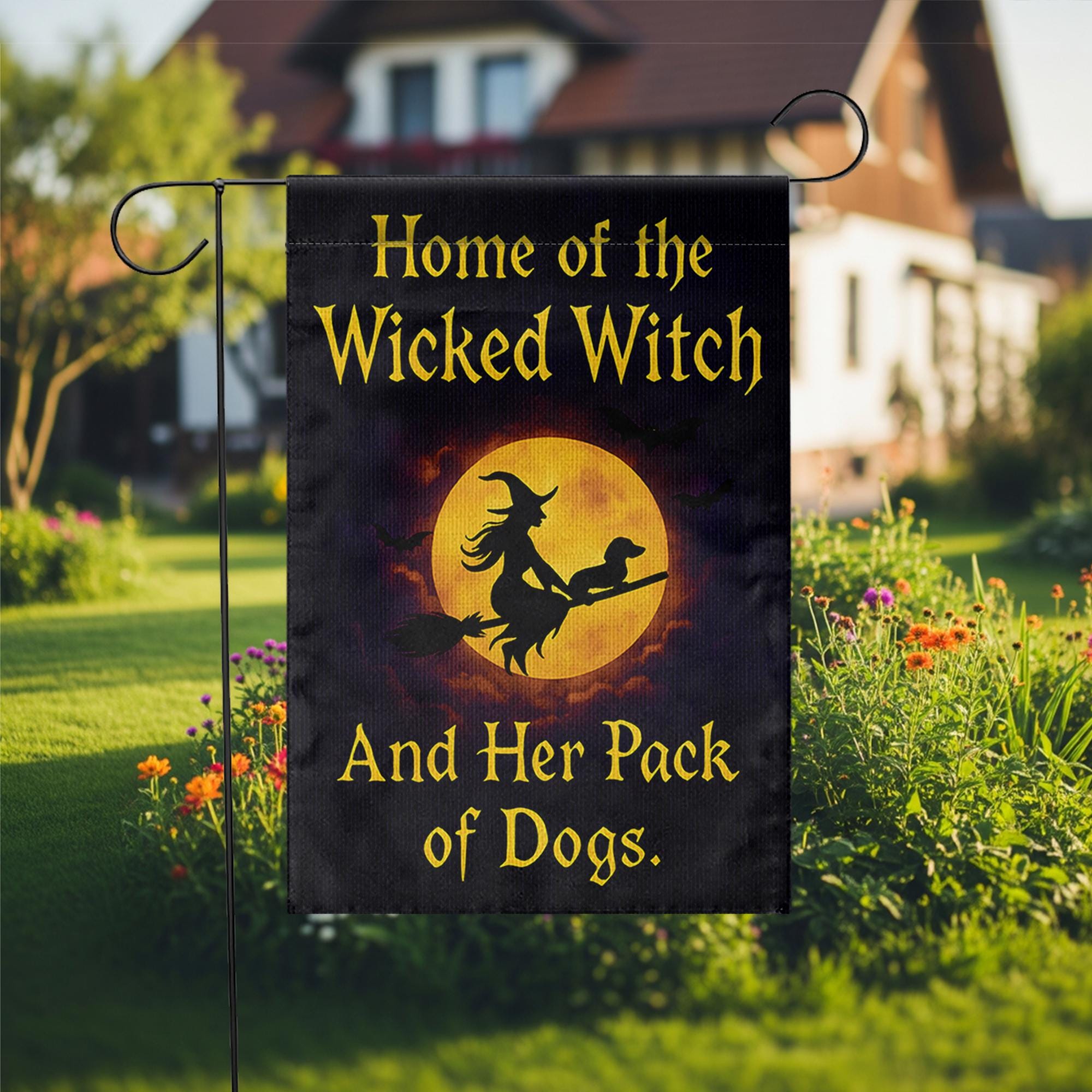 Wicked Witch And Her Pack of Dogs Garden Flag, Funny Halloween Decor, Witchy Dog Lover Gift, Spooky Pet Lover Yard Art Banner