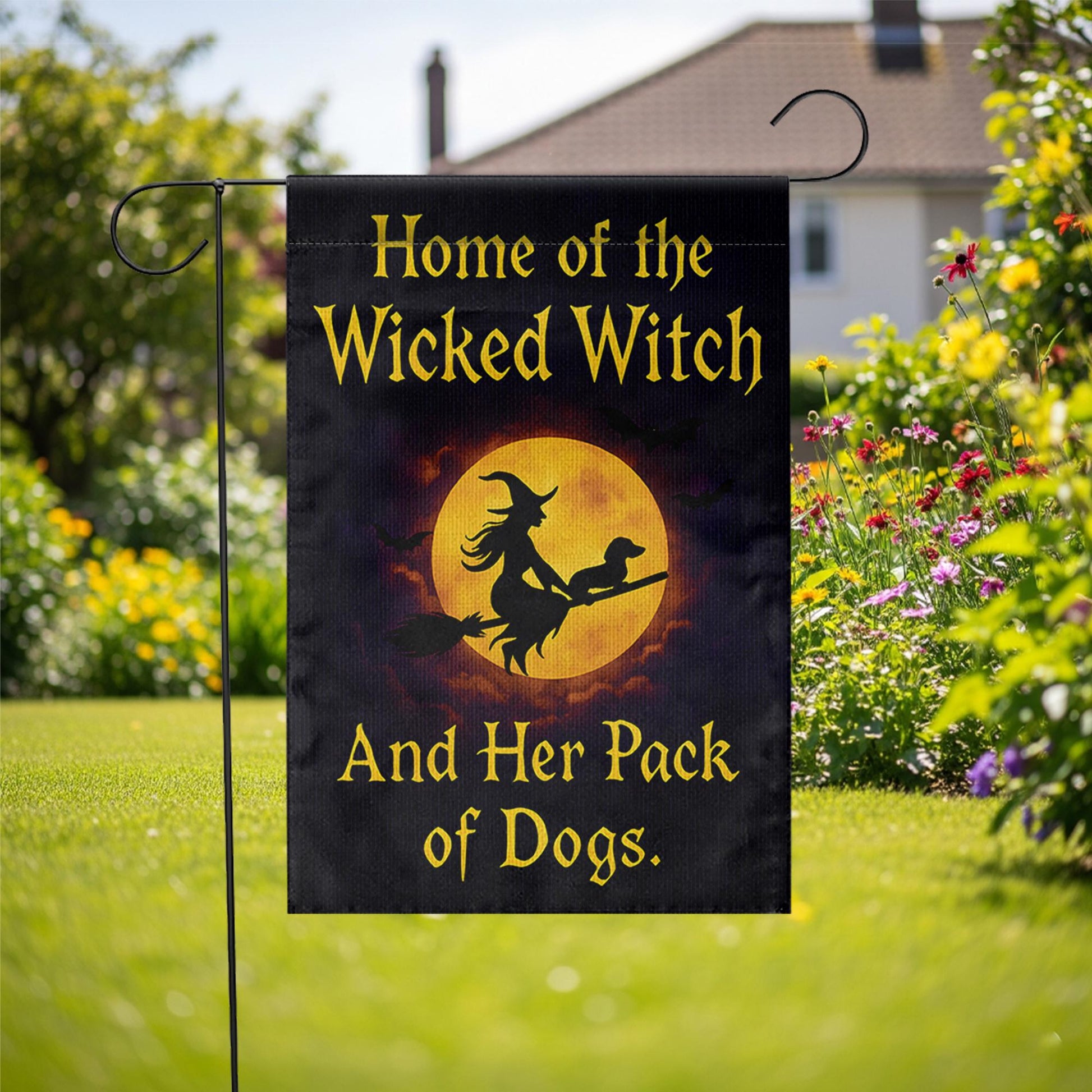 Wicked Witch And Her Pack of Dogs Garden Flag, Funny Halloween Decor, Witchy Dog Lover Gift, Spooky Pet Lover Yard Art Banner
