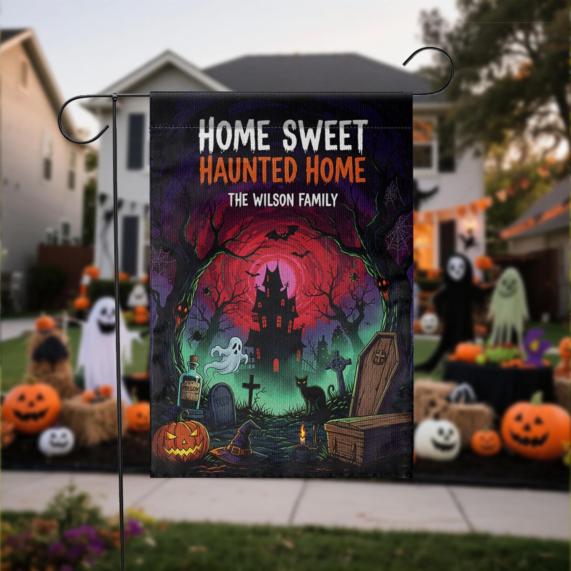 Personalized Halloween Flag, Home Sweet Haunted Home Garden Banner, Custom Family Name Sign, Spooky Haunted House Yard Decor Gift