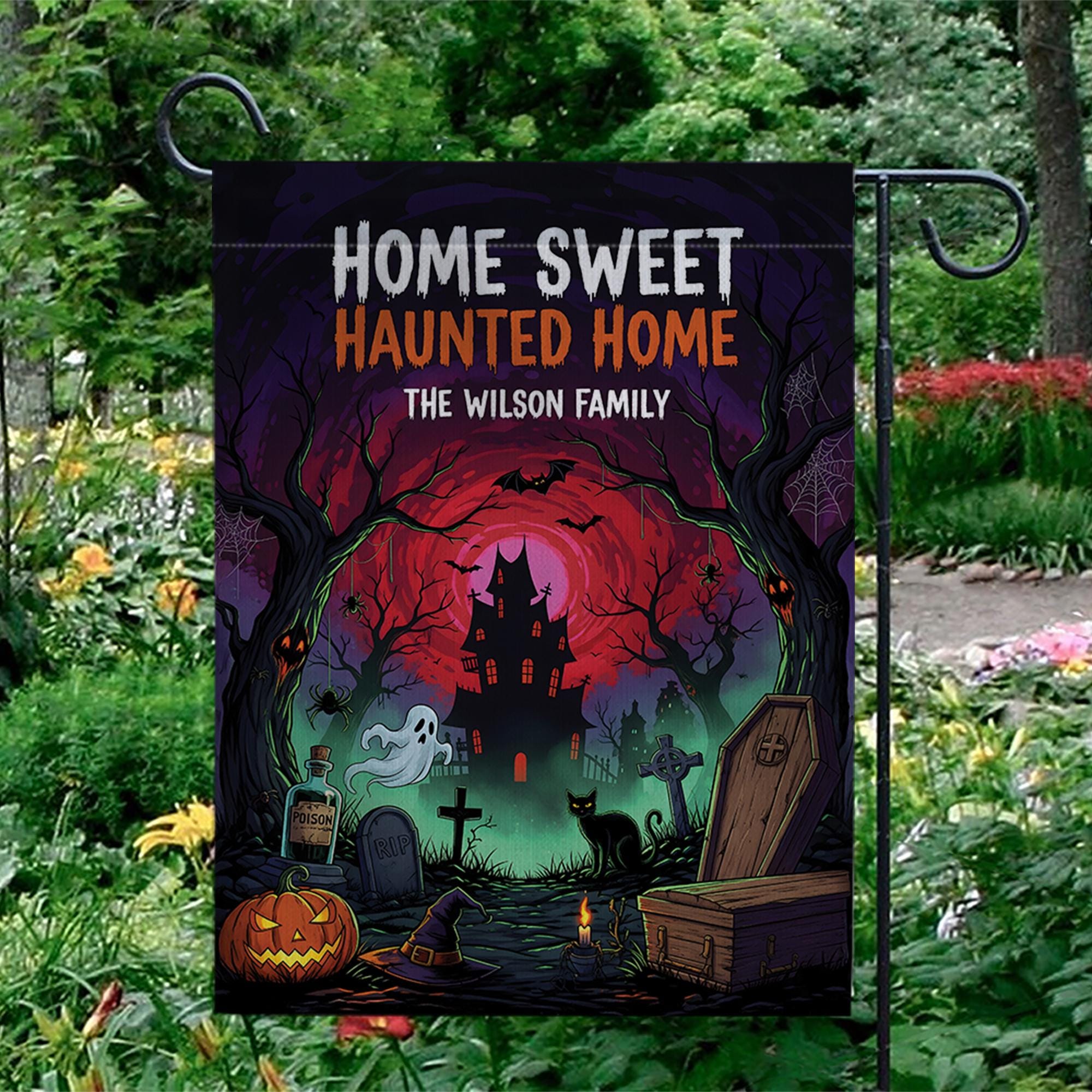 Personalized Halloween Flag, Home Sweet Haunted Home Garden Banner, Custom Family Name Sign, Spooky Haunted House Yard Decor Gift