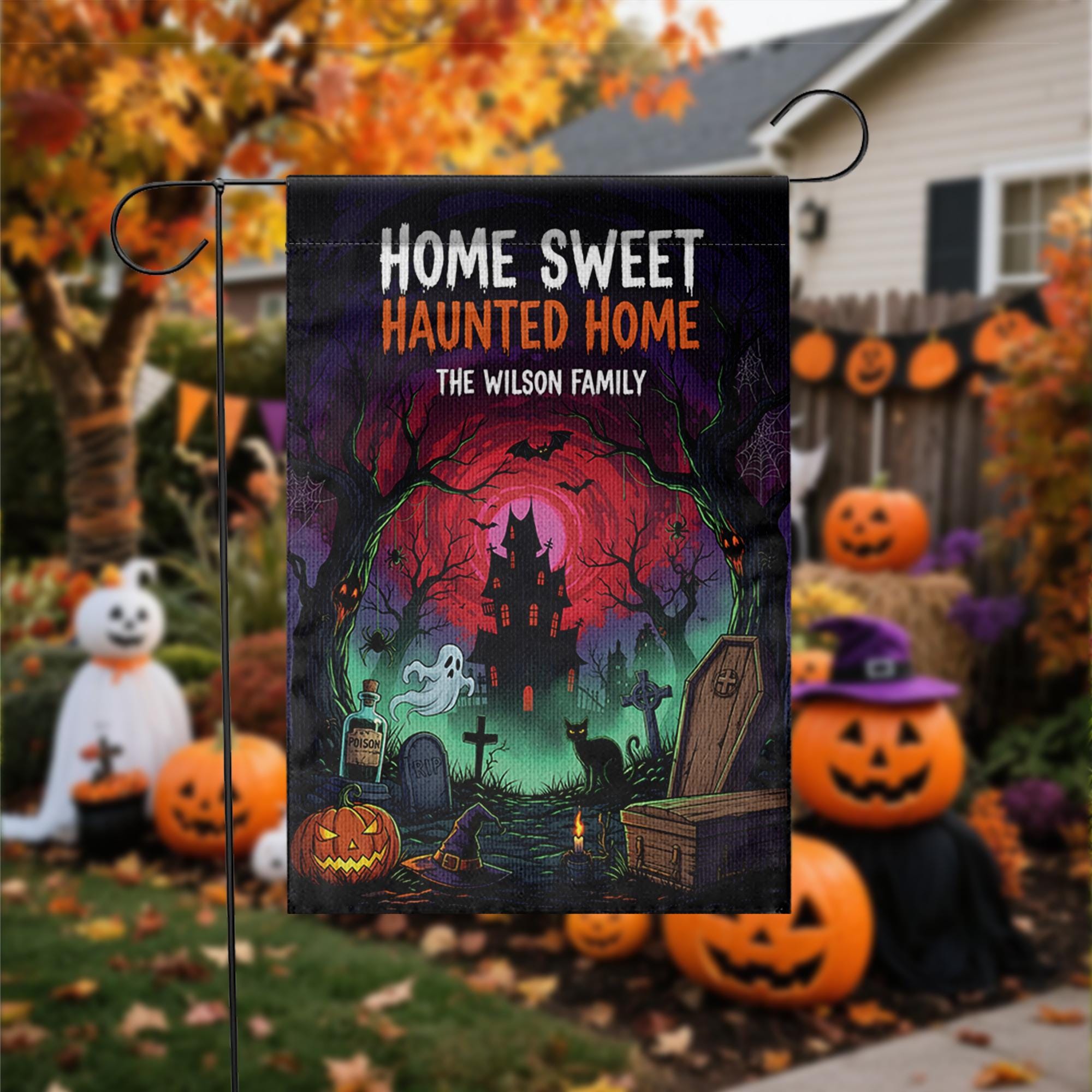Personalized Halloween Flag, Home Sweet Haunted Home Garden Banner, Custom Family Name Sign, Spooky Haunted House Yard Decor Gift