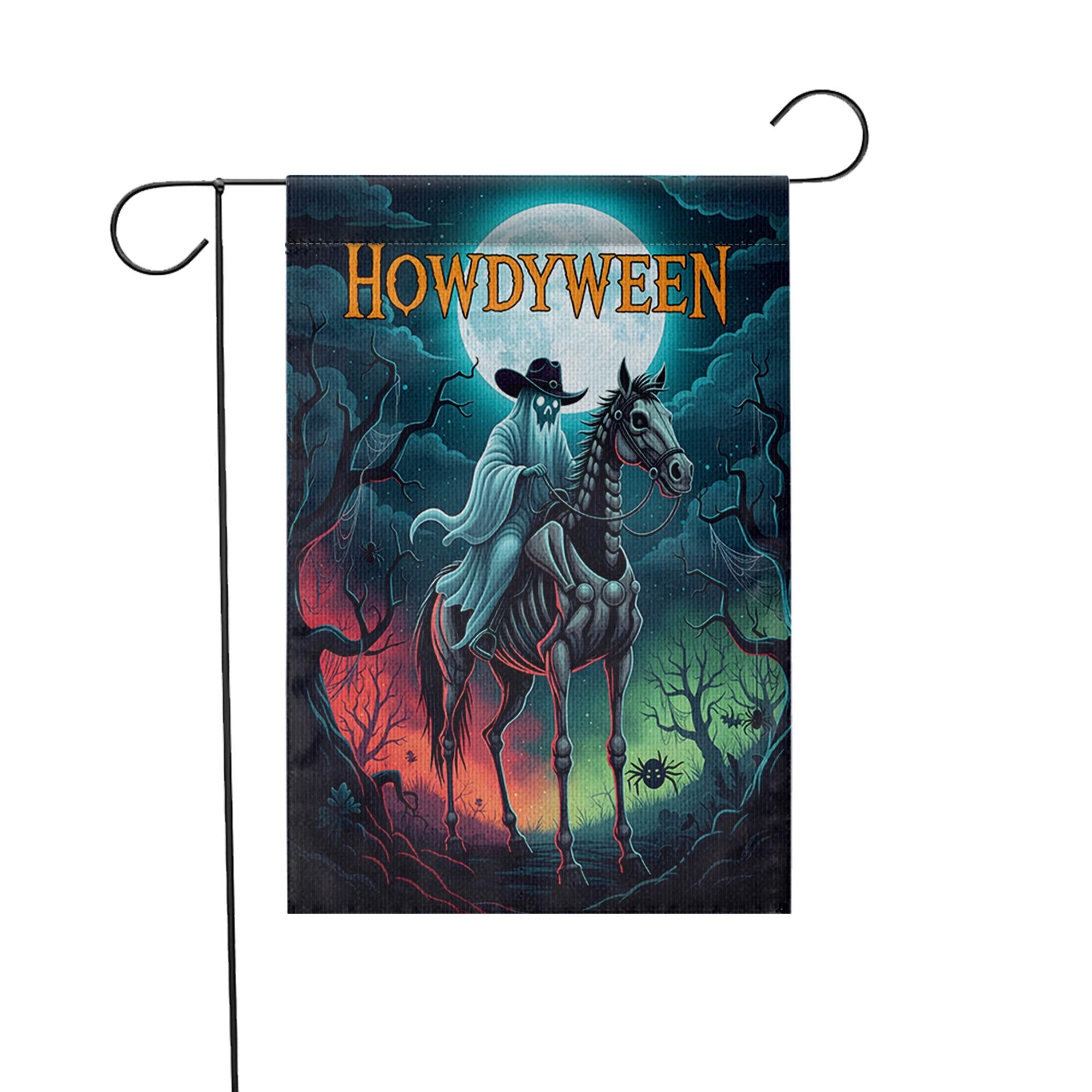 Howdyween Ghost Cowboy Garden Flag, Spooky Western Halloween Decor, Skeletal Horse Rider Banner, Outdoor Creepy Seasonal Yard Art