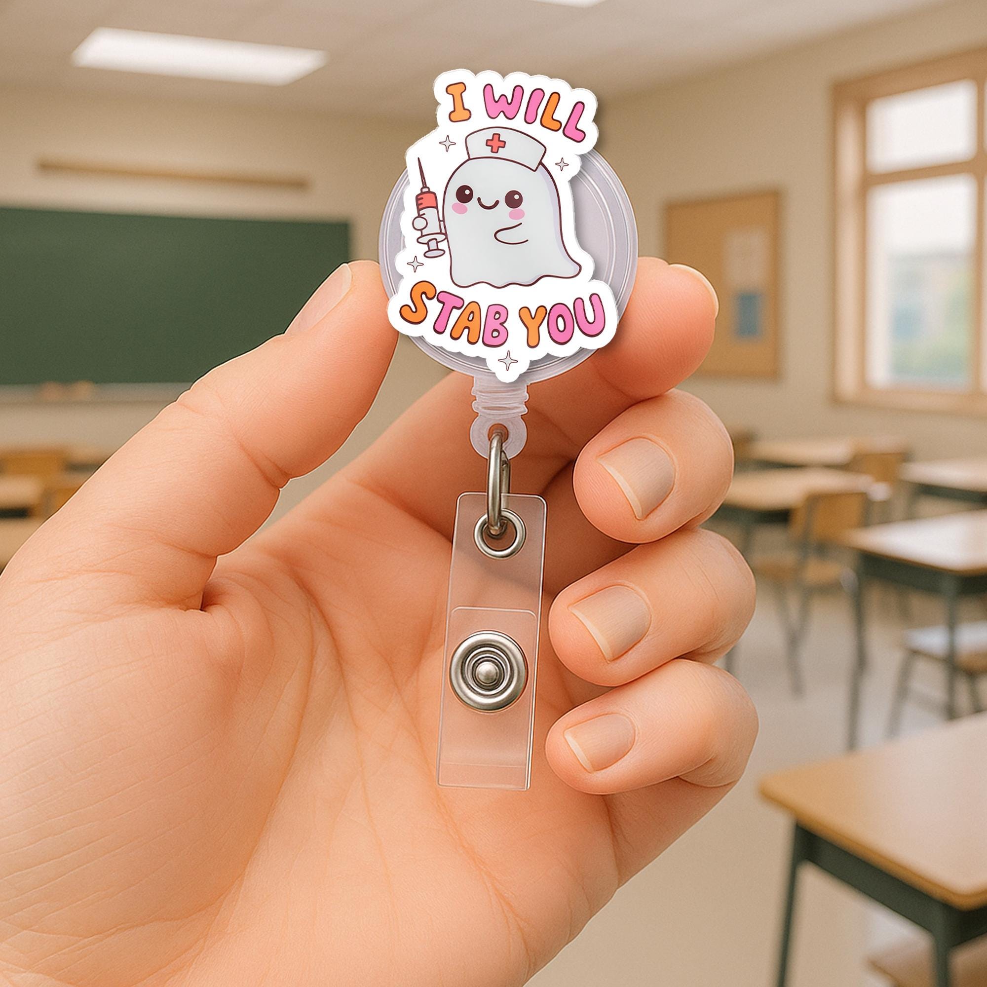 Funny Nurse Ghost Badge Reel, Cute Retractable ID Holder for Healthcare Professionals, Spooky RN LPN Medical Assistant Gift