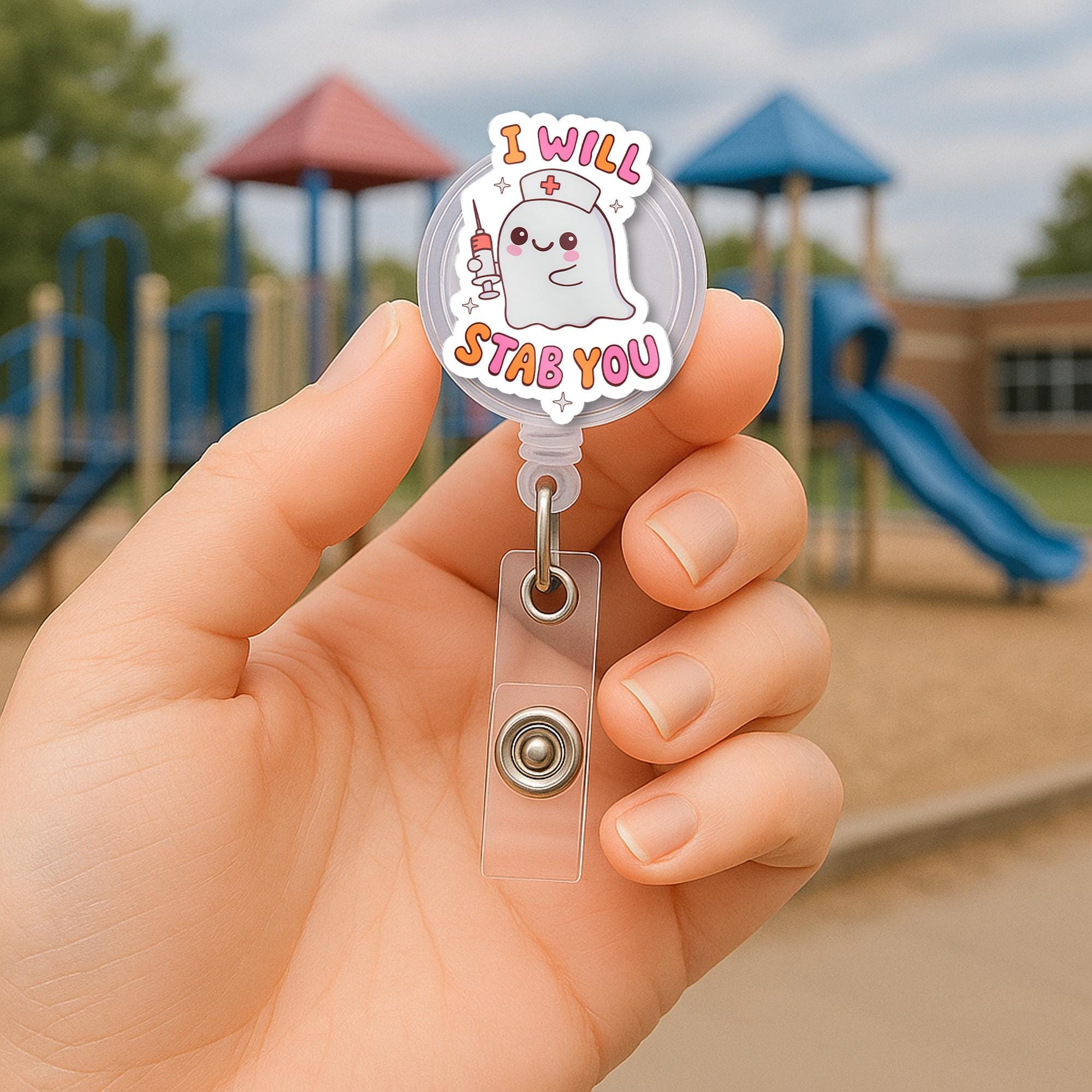 Funny Nurse Ghost Badge Reel, Cute Retractable ID Holder for Healthcare Professionals, Spooky RN LPN Medical Assistant Gift
