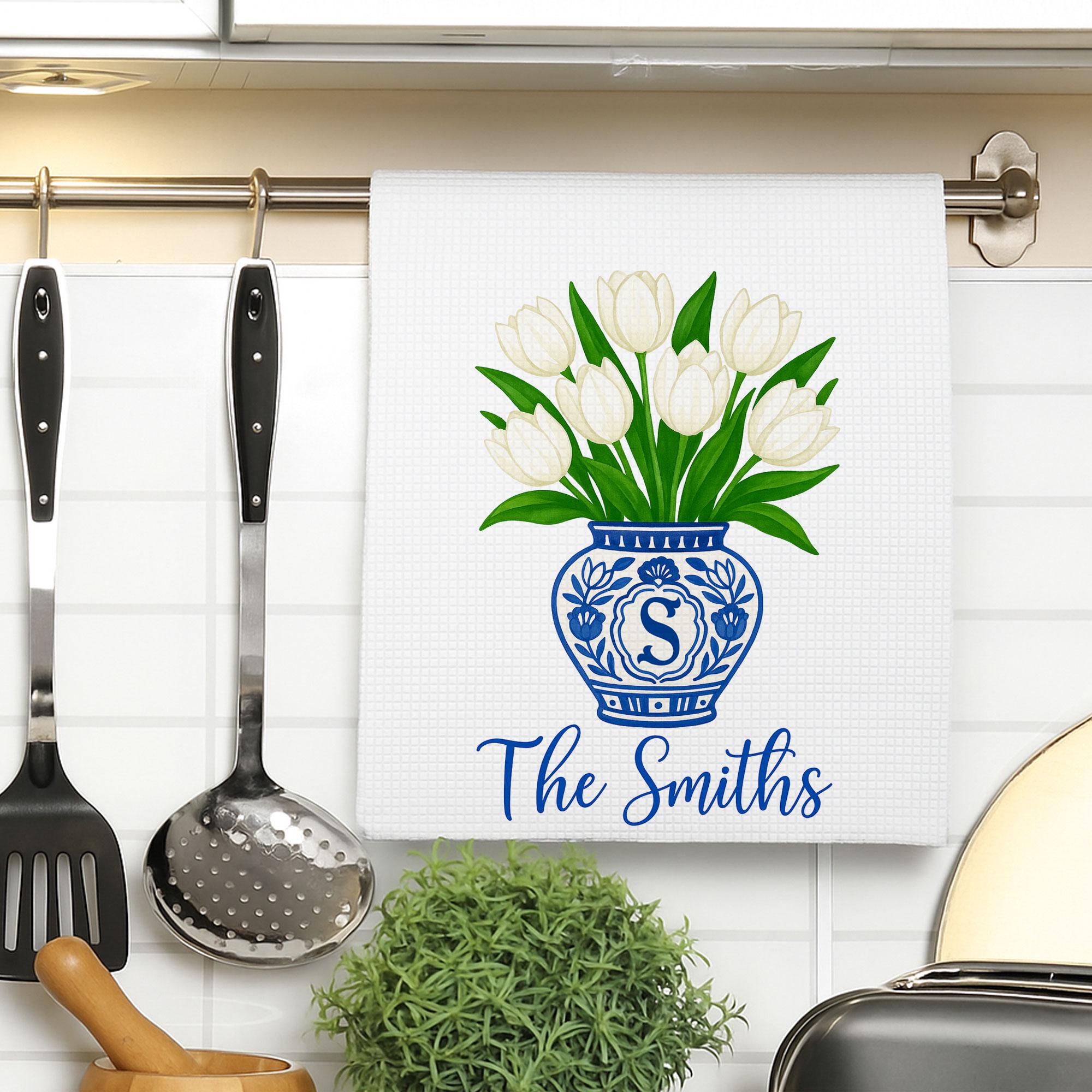 Personalized Kitchen Towel with Family Name – Tulip Flower Blue Chinoiserie Flower Vase Hand Towel – Custom Monogram Towel Gift for Home