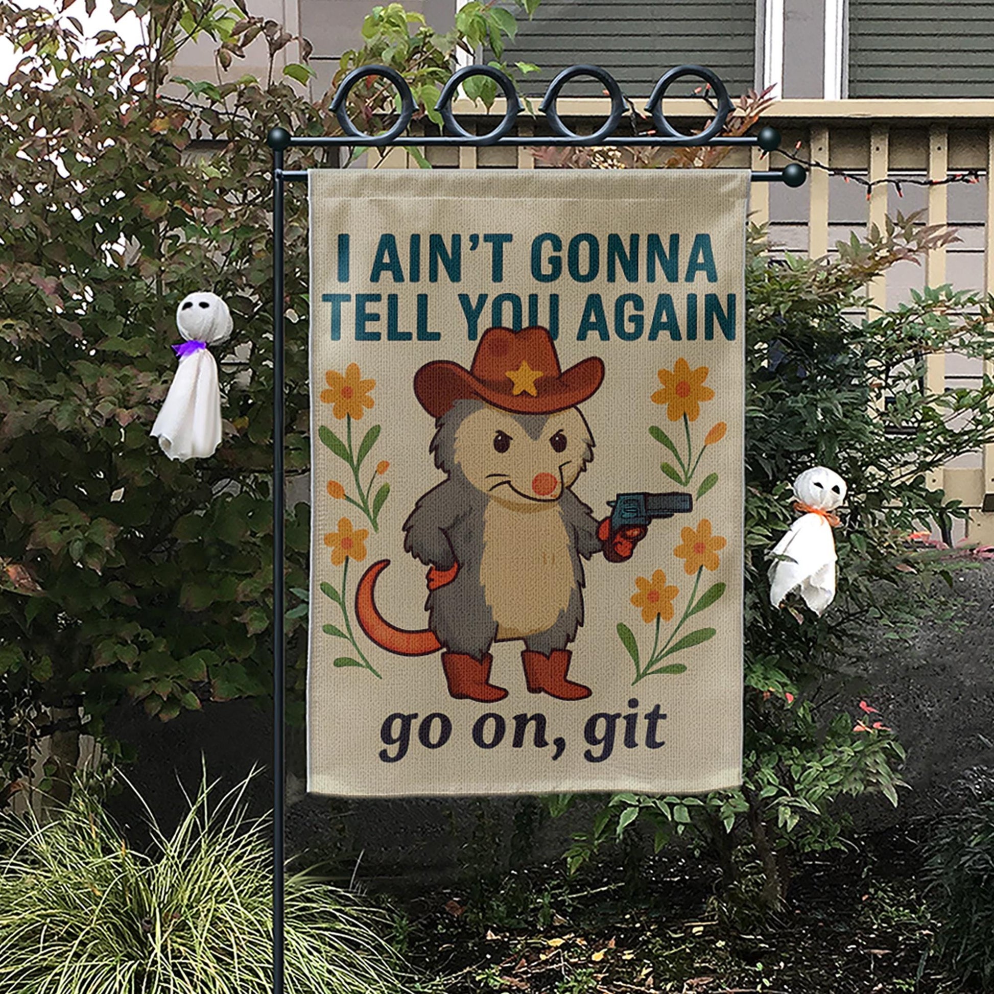 Funny Garden Flag, Cowboy Opossum Yard Decor, Southern Humor Outdoor Sign, Go On Git Flag, Country Porch Decoration, Rustic Lawn Banner