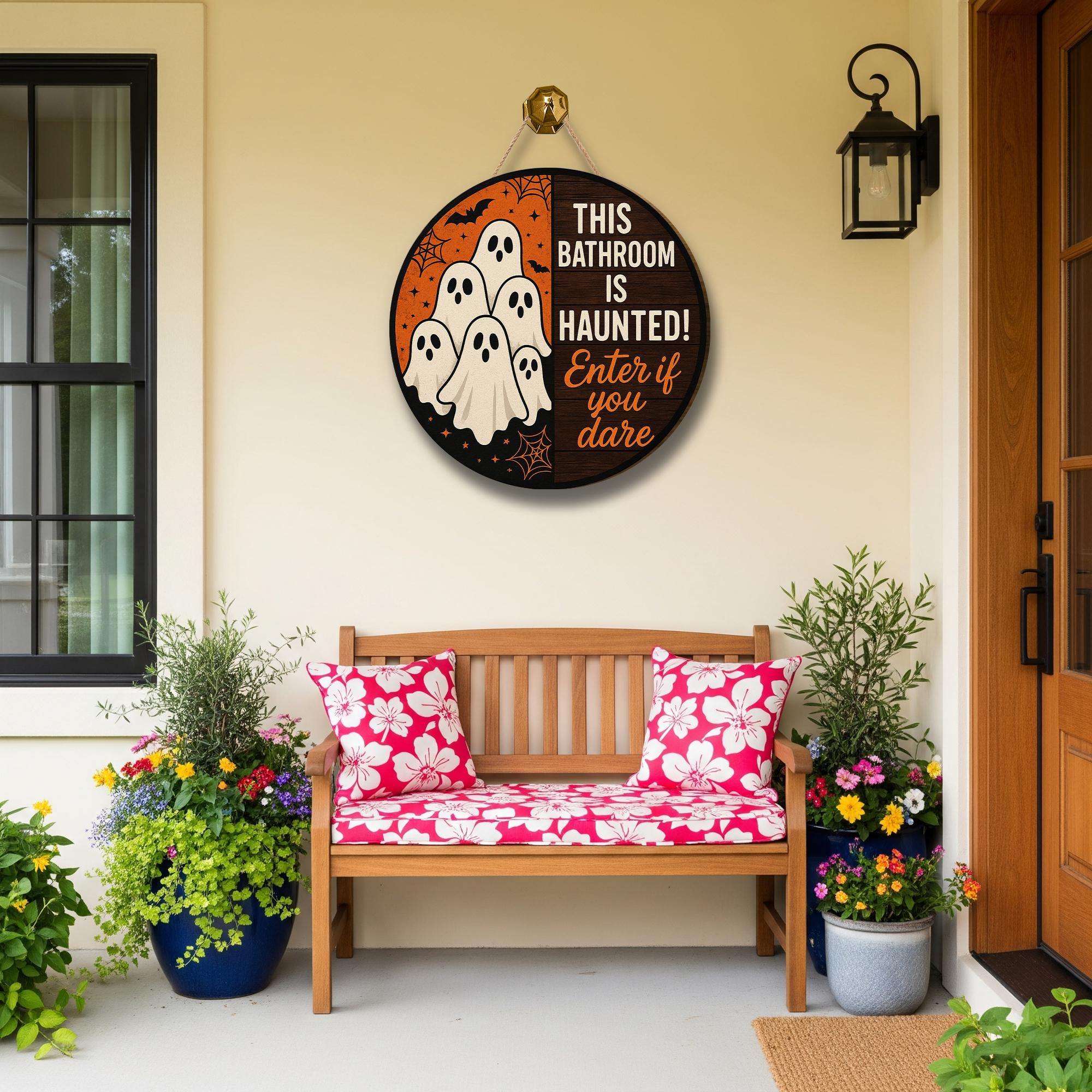 Haunted Bathroom Sign, Halloween Ghost Door Sign, Funny Wooden Bathroom Decor, Enter If You Dare Sign, Spooky Bathroom Plaque