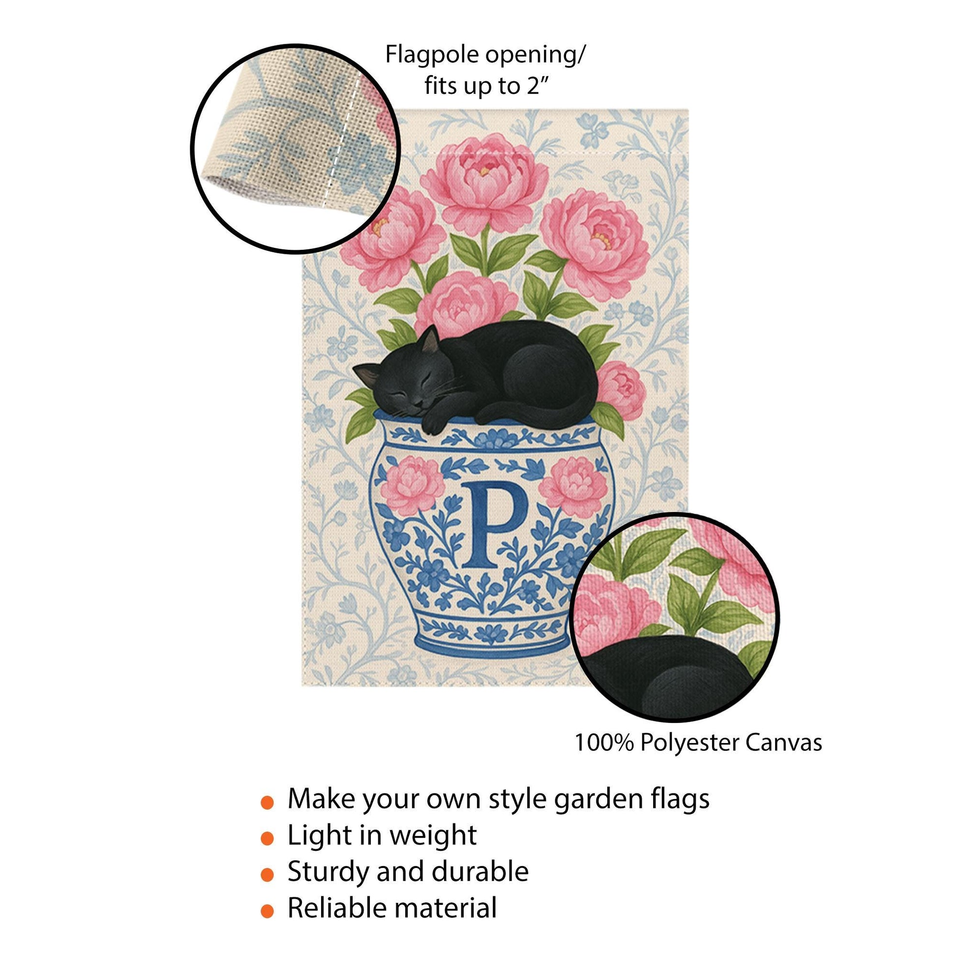 Personalized Black Cat Sleeping on Peony Flowers Vase Flag – Custom Family Name Chinoiserie Vase Yard Sign – Outdoor Decor – Welcome Flag