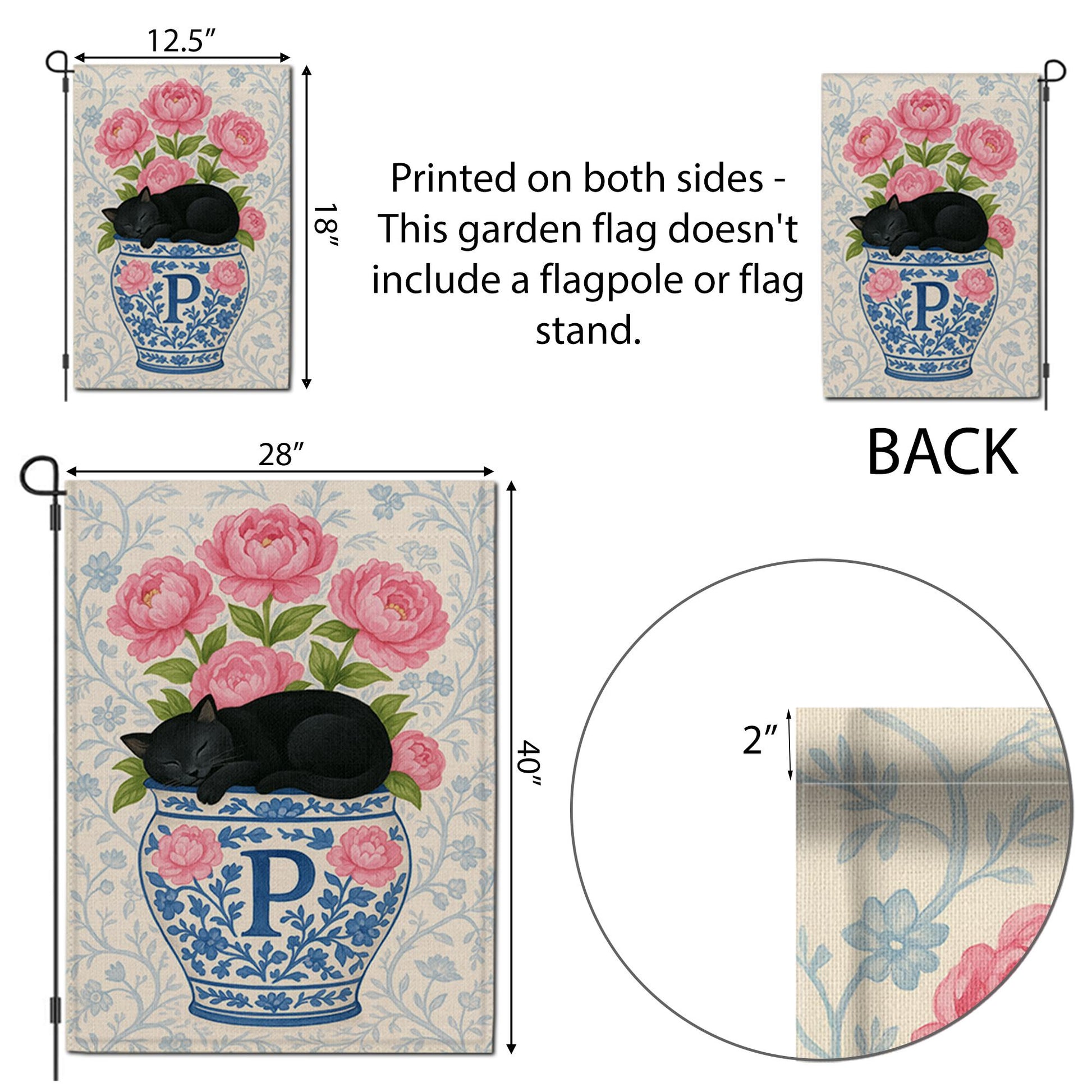 Personalized Black Cat Sleeping on Peony Flowers Vase Flag – Custom Family Name Chinoiserie Vase Yard Sign – Outdoor Decor – Welcome Flag