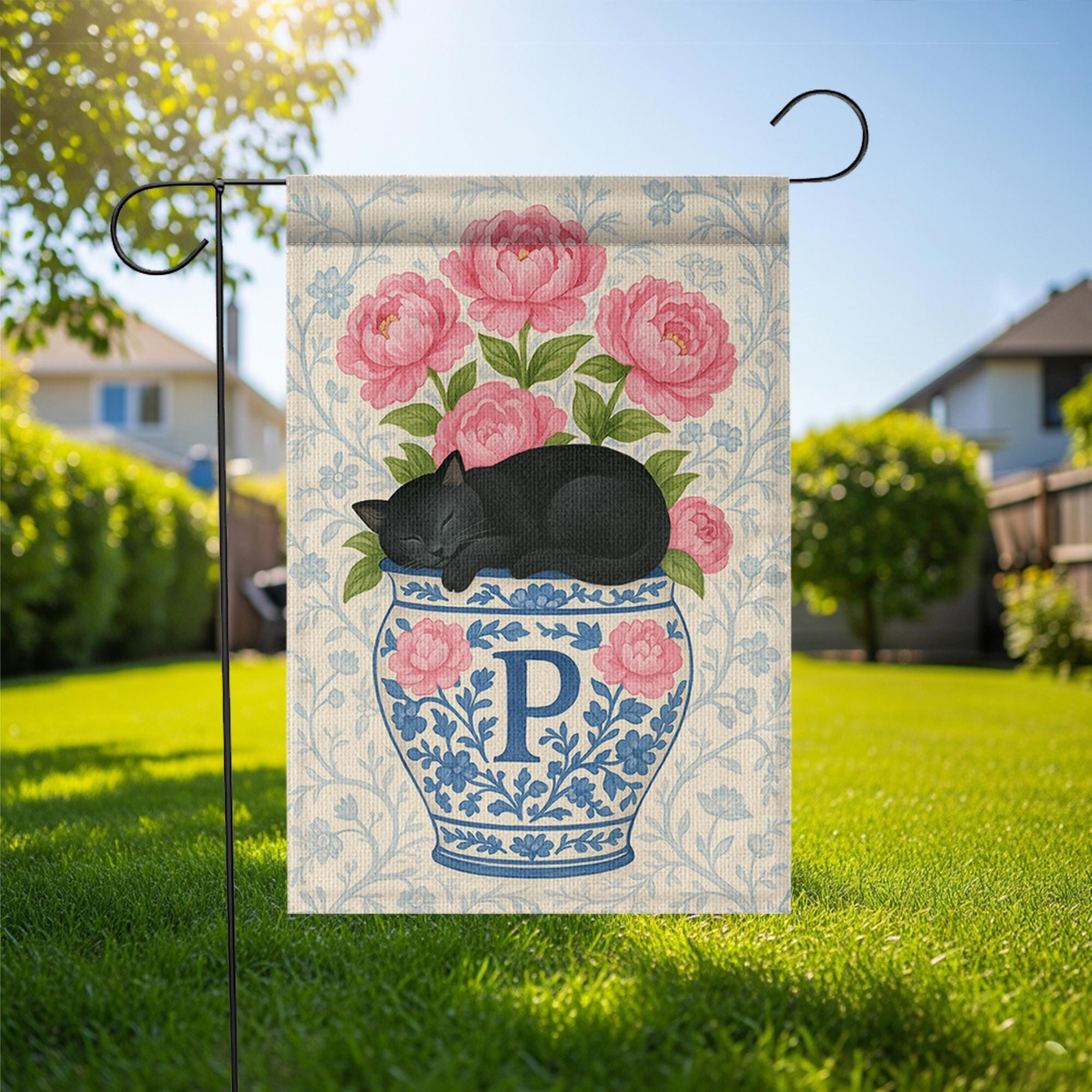 Personalized Black Cat Sleeping on Peony Flowers Vase Flag – Custom Family Name Chinoiserie Vase Yard Sign – Outdoor Decor – Welcome Flag