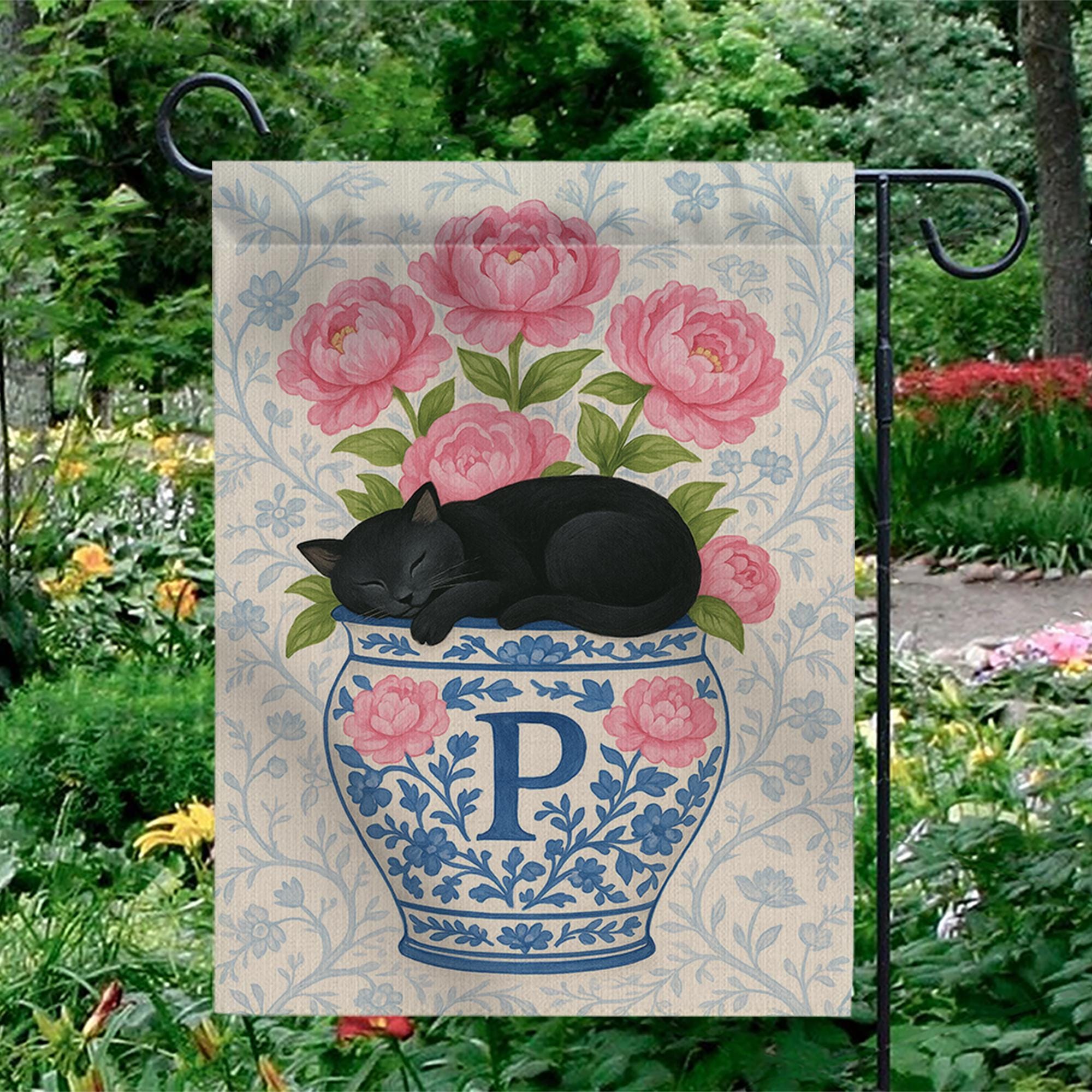 Personalized Black Cat Sleeping on Peony Flowers Vase Flag – Custom Family Name Chinoiserie Vase Yard Sign – Outdoor Decor – Welcome Flag