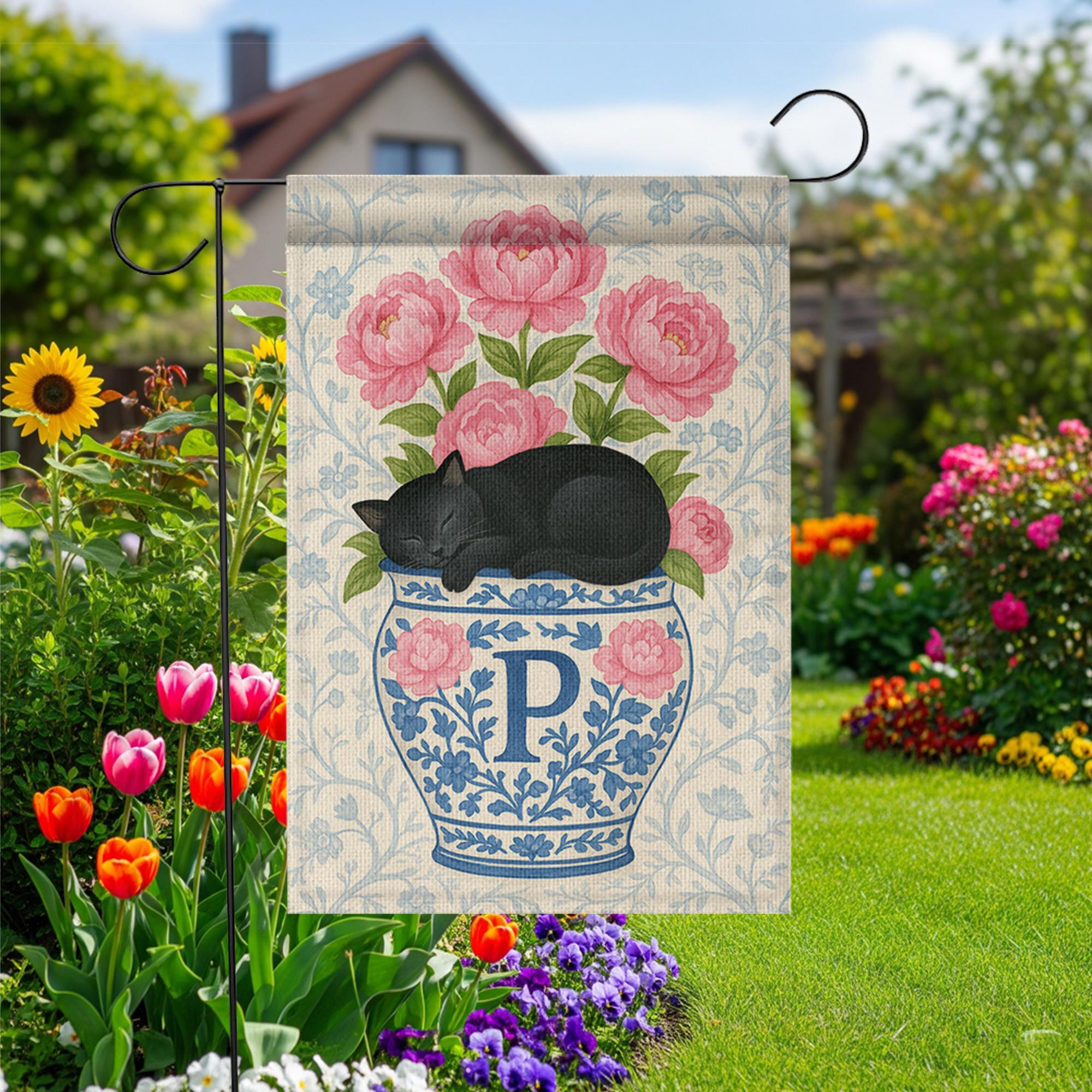 Personalized Black Cat Sleeping on Peony Flowers Vase Flag – Custom Family Name Chinoiserie Vase Yard Sign – Outdoor Decor – Welcome Flag
