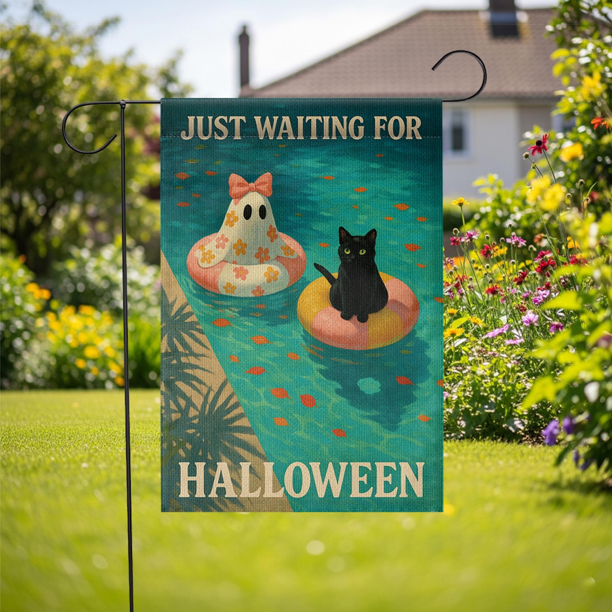 Funny Halloween Garden Flag, Black Cat Ghost Pool Decor, Summer Halloween Yard Flag, Cute Spooky Season Outdoor Sign, Fall Lawn Banner
