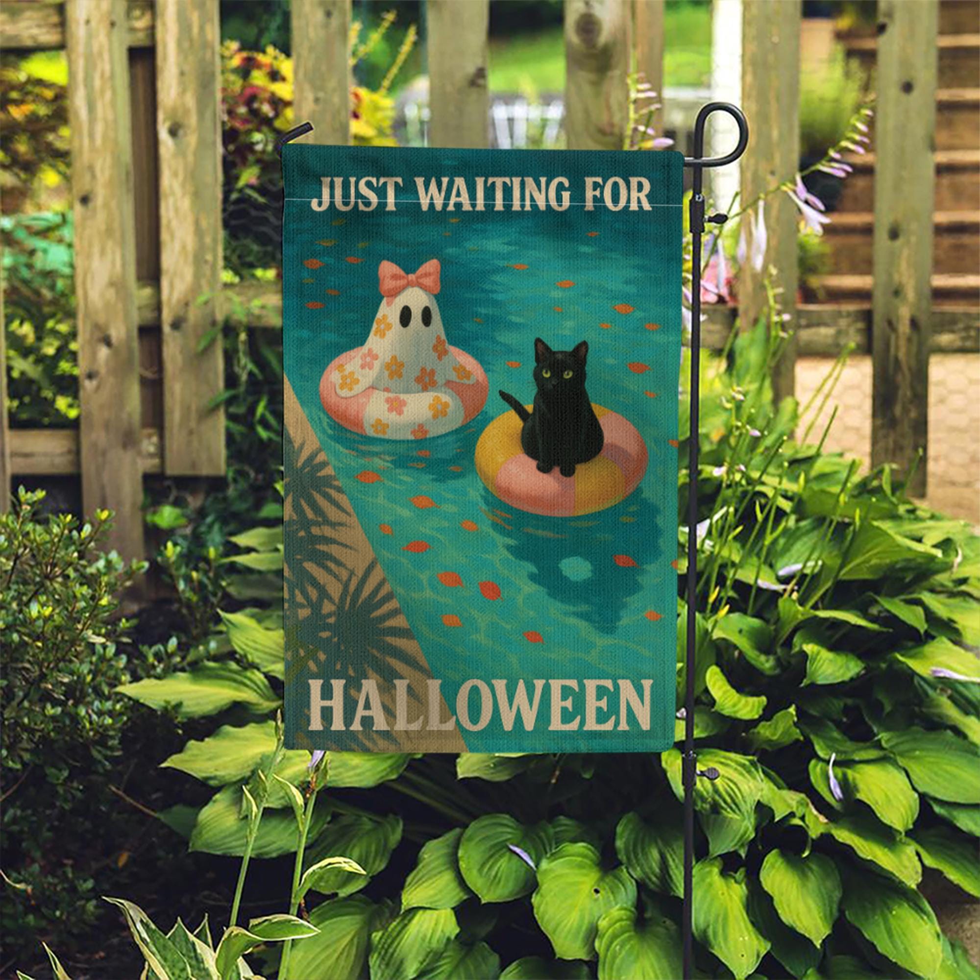 Funny Halloween Garden Flag, Black Cat Ghost Pool Decor, Summer Halloween Yard Flag, Cute Spooky Season Outdoor Sign, Fall Lawn Banner