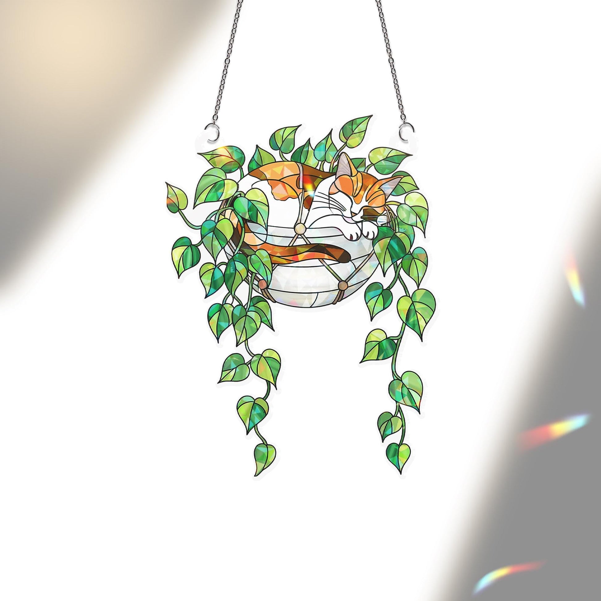 Calico Cat Sleeping on Philodendron Hologram Ornament | Cat ACRYLIC Window Hanging | Plant Lover Gift | Ivy Plants Decor, Cozy Cat Decor