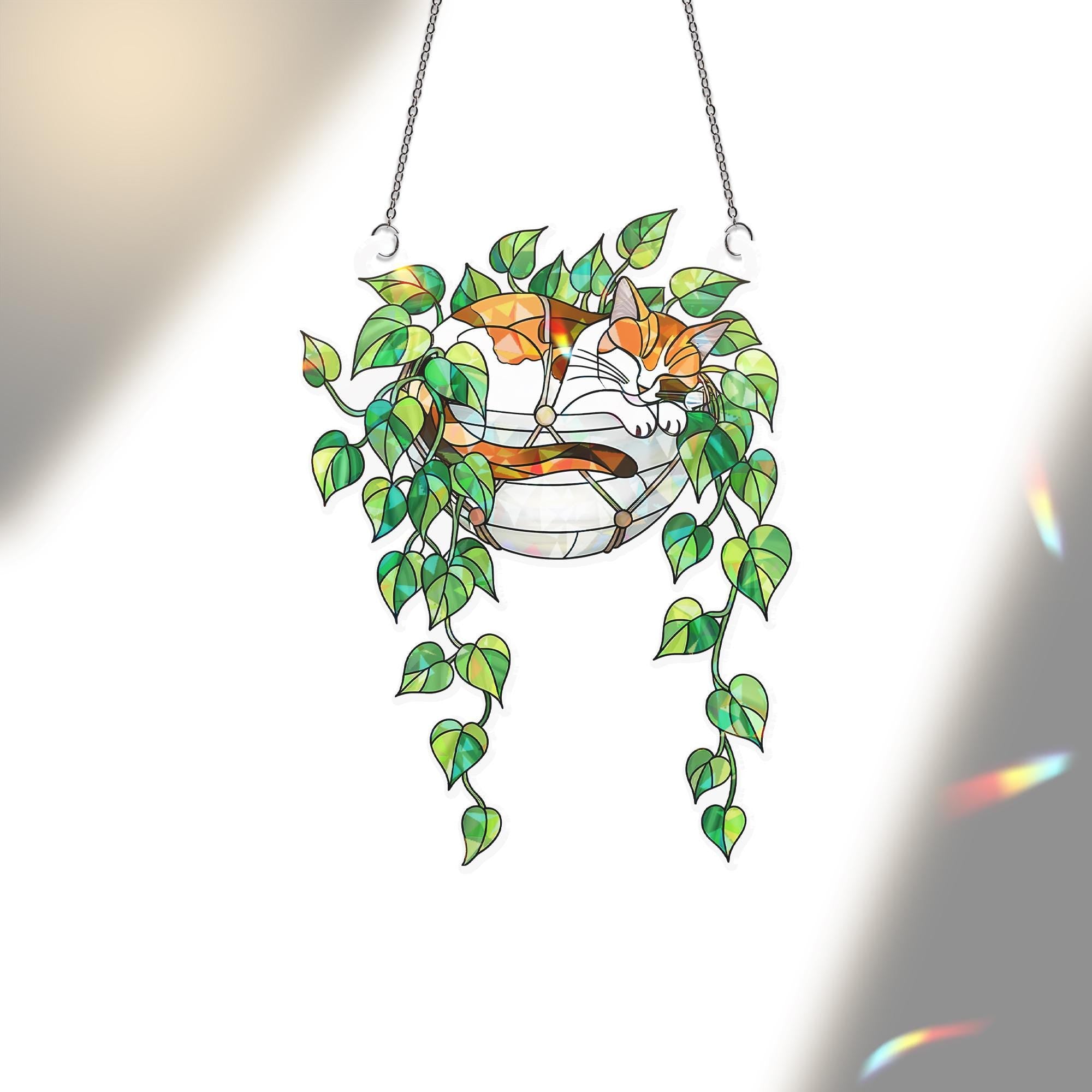 Calico Cat Sleeping on Philodendron Hologram Ornament | Cat ACRYLIC Window Hanging | Plant Lover Gift | Ivy Plants Decor, Cozy Cat Decor