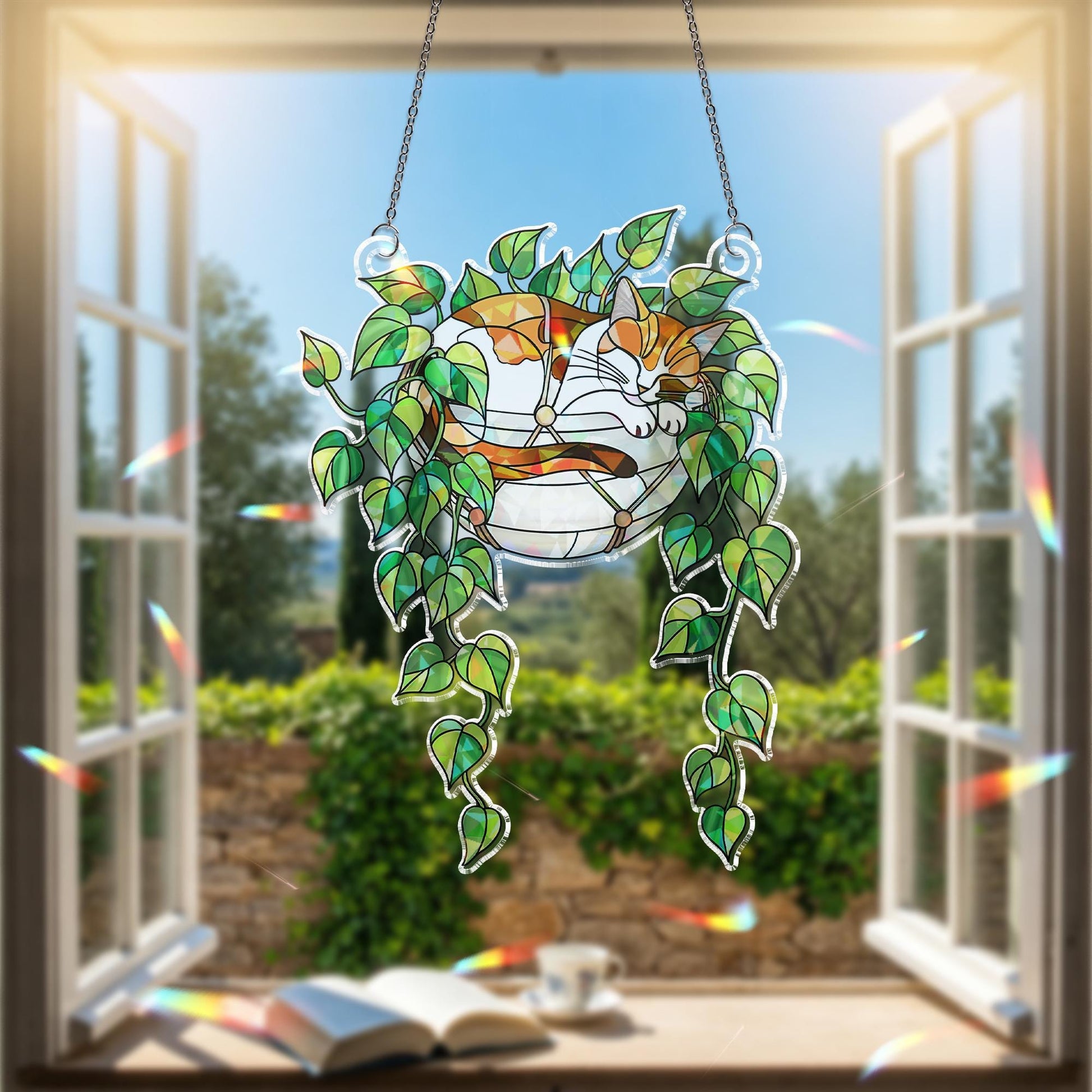 Calico Cat Sleeping on Philodendron Hologram Ornament | Cat ACRYLIC Window Hanging | Plant Lover Gift | Ivy Plants Decor, Cozy Cat Decor