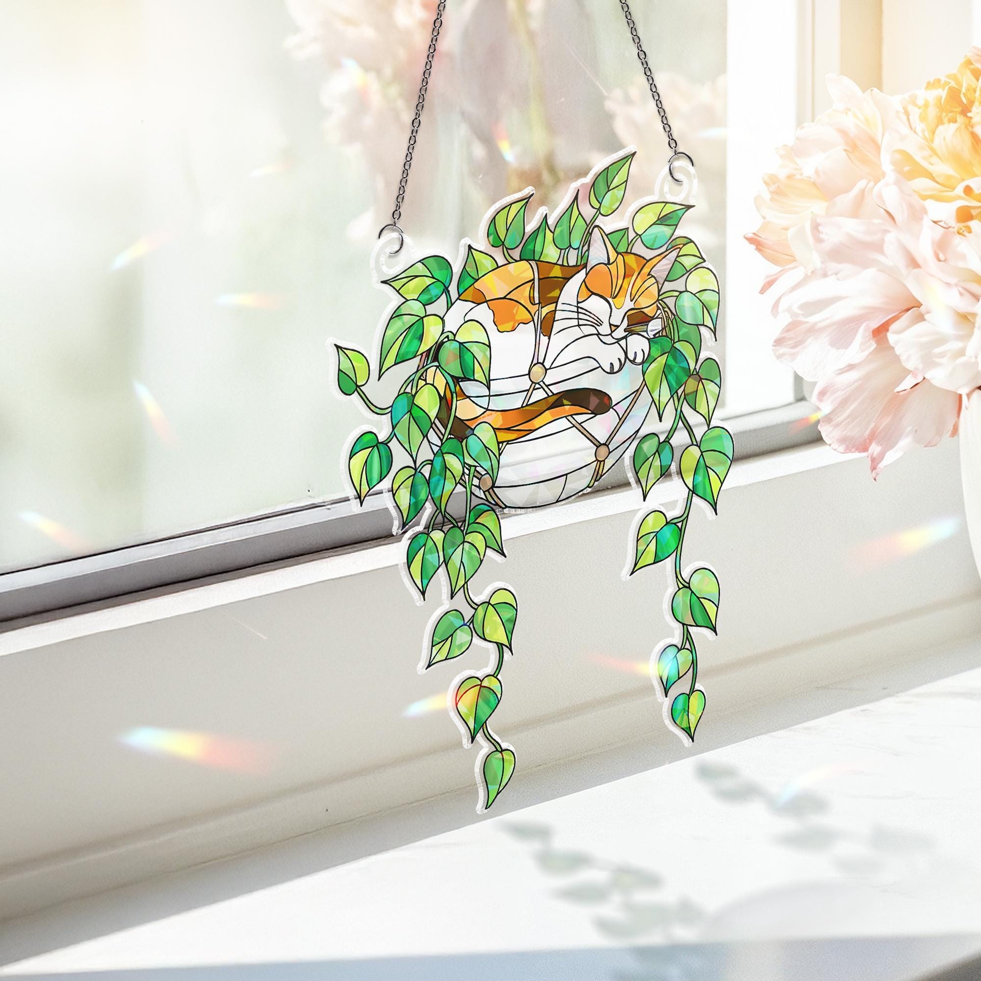 Calico Cat Sleeping on Philodendron Hologram Ornament | Cat ACRYLIC Window Hanging | Plant Lover Gift | Ivy Plants Decor, Cozy Cat Decor