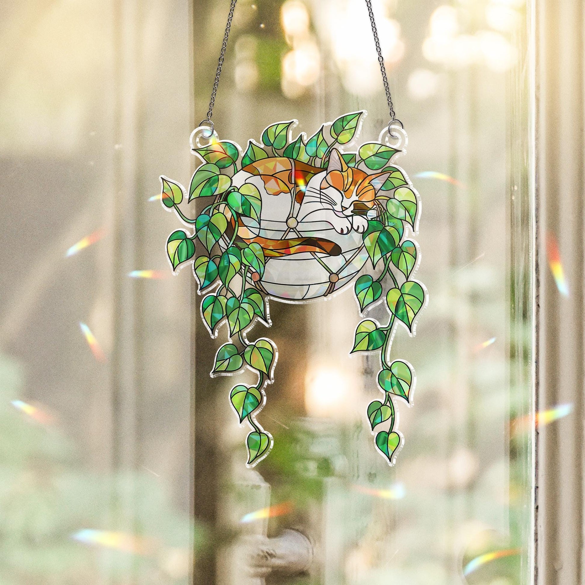 Calico Cat Sleeping on Philodendron Hologram Ornament | Cat ACRYLIC Window Hanging | Plant Lover Gift | Ivy Plants Decor, Cozy Cat Decor