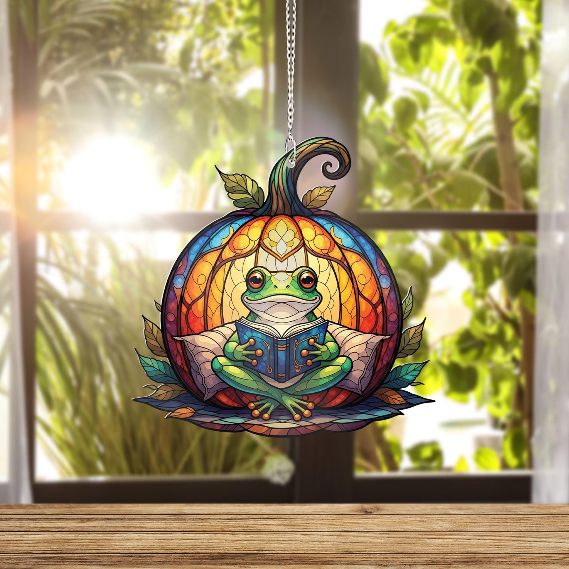 Reading Frog Pumpkin Suncatcher – Fall Window Hanging – Cute Autumn Glass Art Decor for Book Lovers and Frog Fans