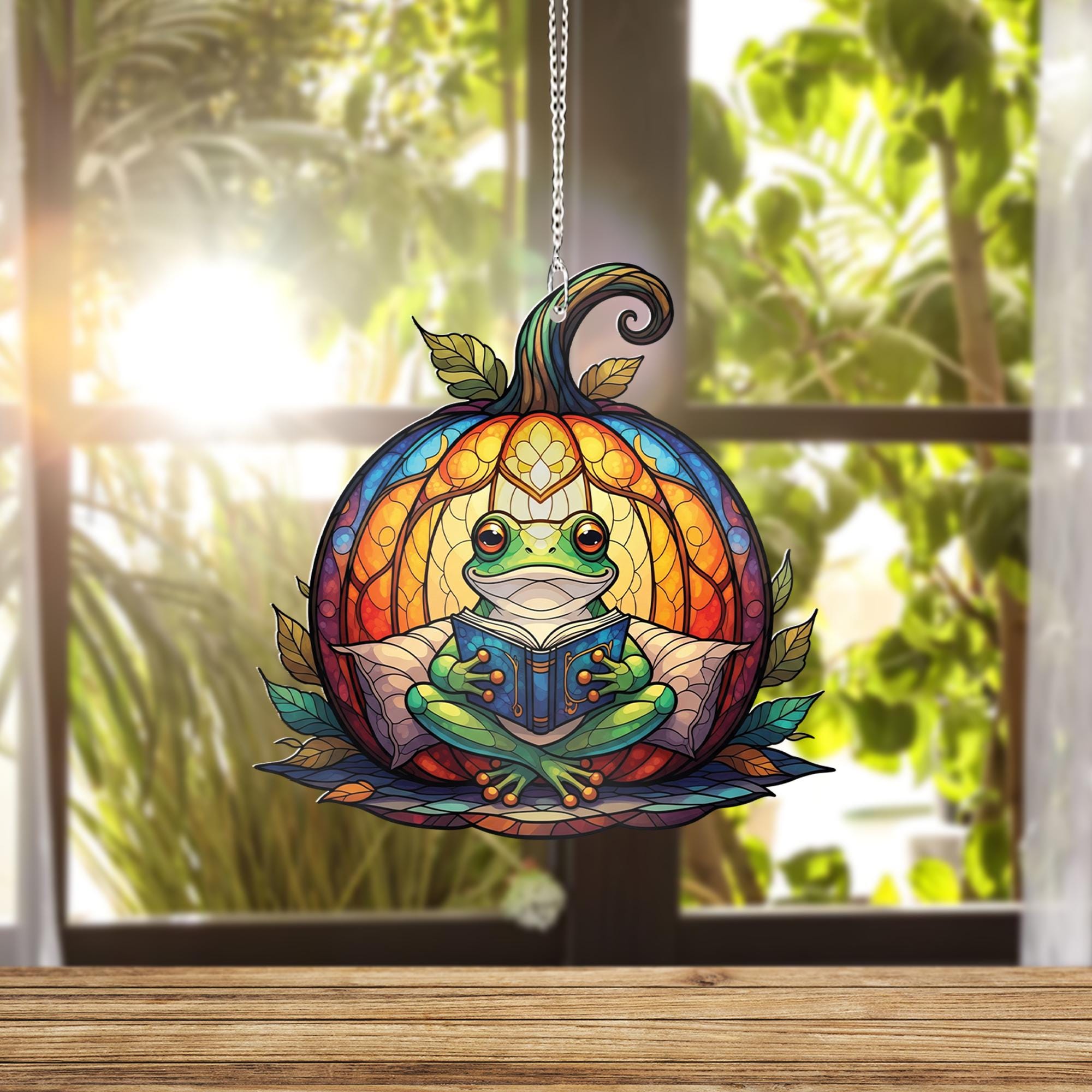 Reading Frog Pumpkin Suncatcher – Fall Window Hanging – Cute Autumn Glass Art Decor for Book Lovers and Frog Fans
