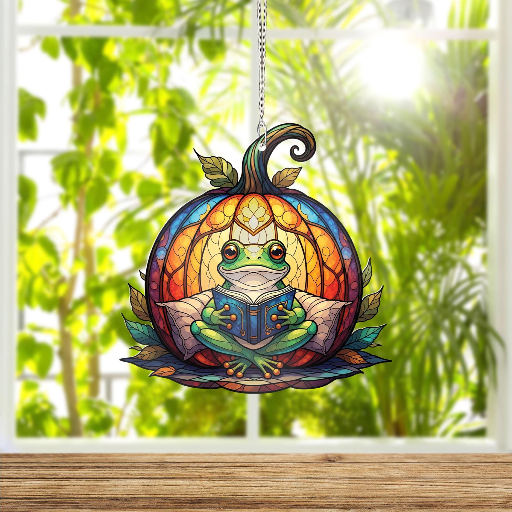 Reading Frog Pumpkin Suncatcher – Fall Window Hanging – Cute Autumn Glass Art Decor for Book Lovers and Frog Fans