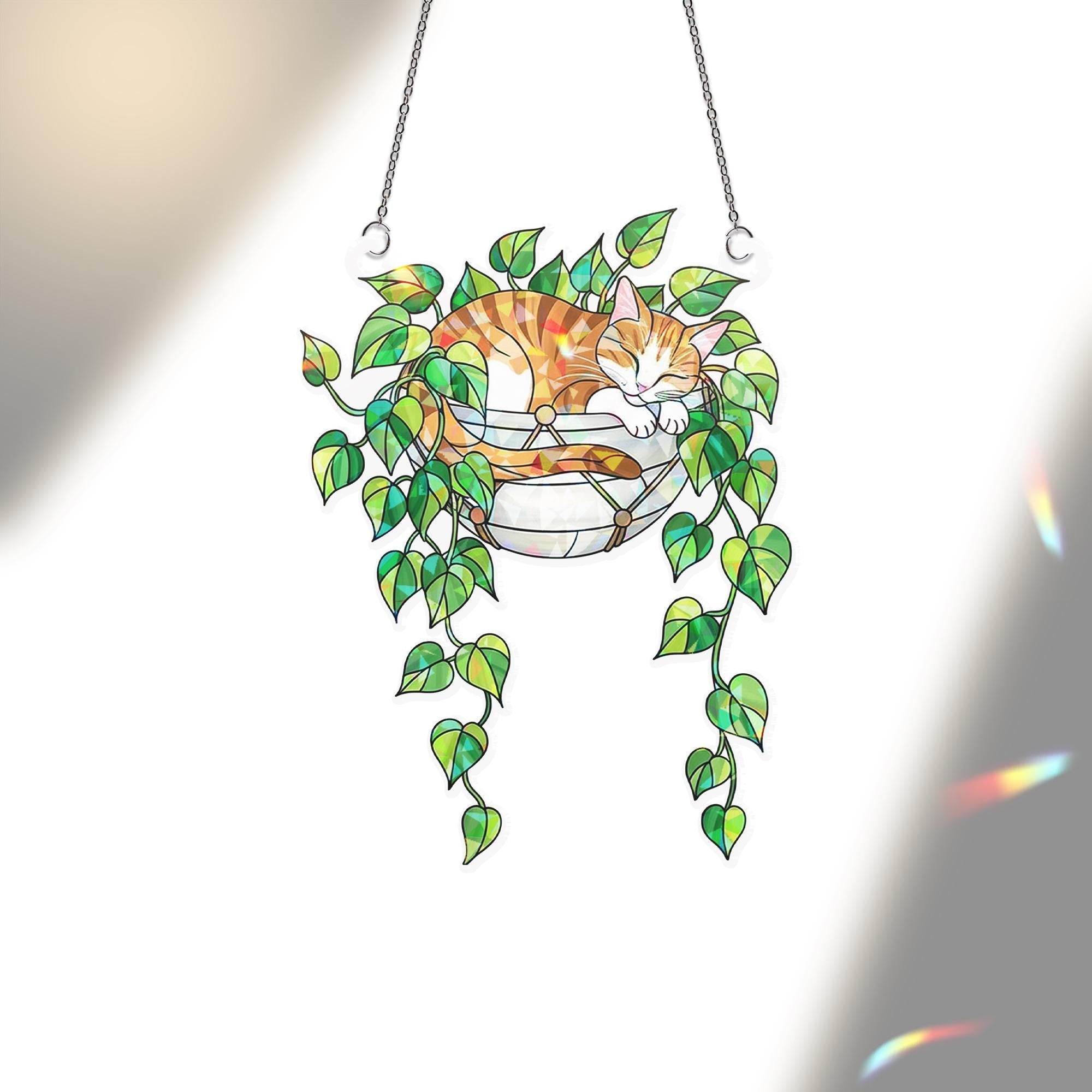 Tabby Cat Sleeping on Philodendron Hologram Ornament | Cat ACRYLIC Window Hanging | Plant Lover Gift | Ivy Plants Decor, Cozy Cat Decor
