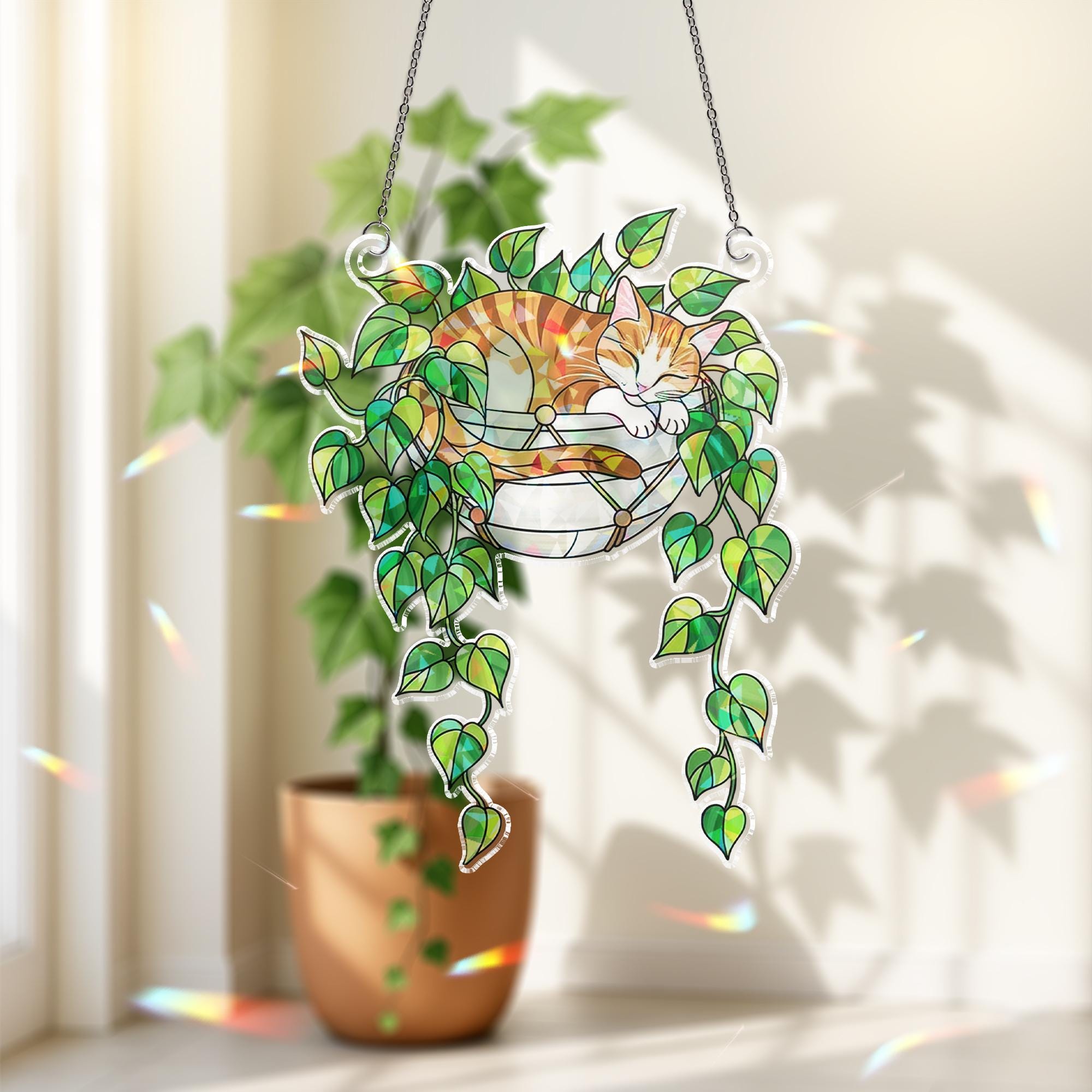 Tabby Cat Sleeping on Philodendron Hologram Ornament | Cat ACRYLIC Window Hanging | Plant Lover Gift | Ivy Plants Decor, Cozy Cat Decor