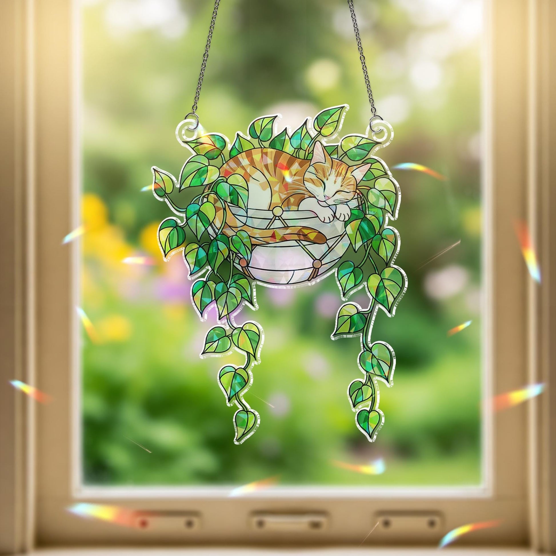 Tabby Cat Sleeping on Philodendron Hologram Ornament | Cat ACRYLIC Window Hanging | Plant Lover Gift | Ivy Plants Decor, Cozy Cat Decor