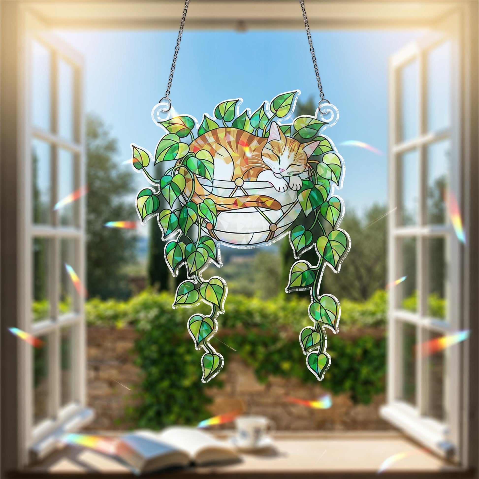 Tabby Cat Sleeping on Philodendron Hologram Ornament | Cat ACRYLIC Window Hanging | Plant Lover Gift | Ivy Plants Decor, Cozy Cat Decor