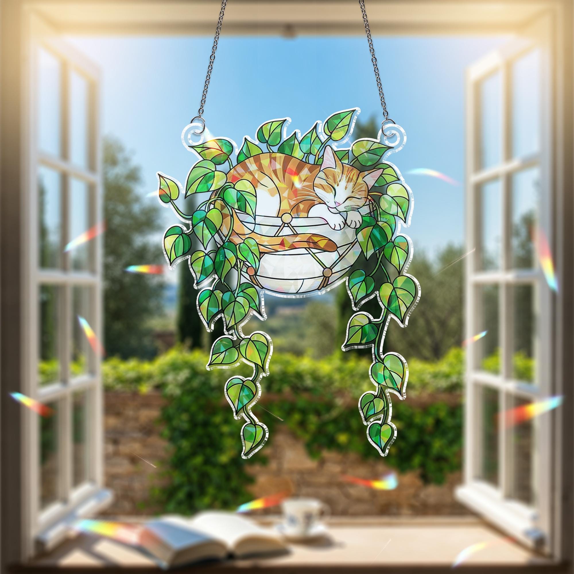 Tabby Cat Sleeping on Philodendron Hologram Ornament | Cat ACRYLIC Window Hanging | Plant Lover Gift | Ivy Plants Decor, Cozy Cat Decor
