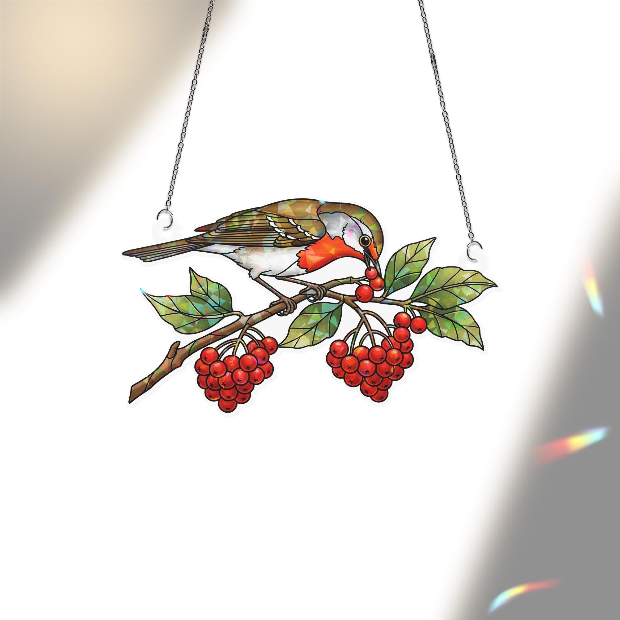 Bird and Berry Suncatcher – Holographic Window Hanging Fall Decor – Stained Glass Style Autumn Bird Ornament Gift for Nature Lovers