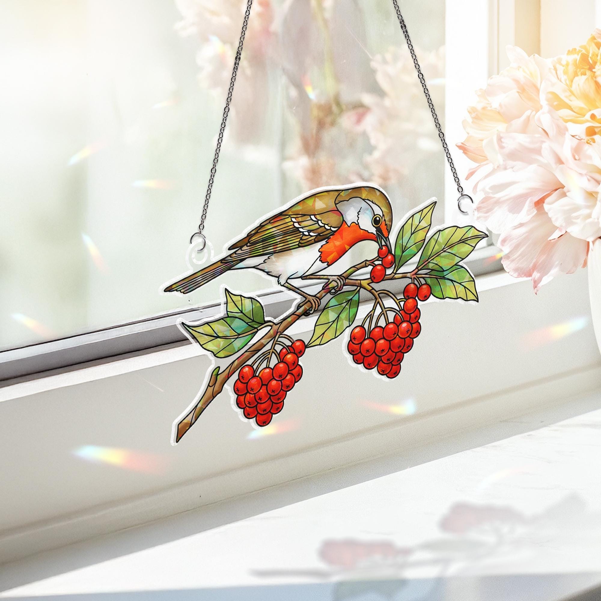 Bird and Berry Suncatcher – Holographic Window Hanging Fall Decor – Stained Glass Style Autumn Bird Ornament Gift for Nature Lovers