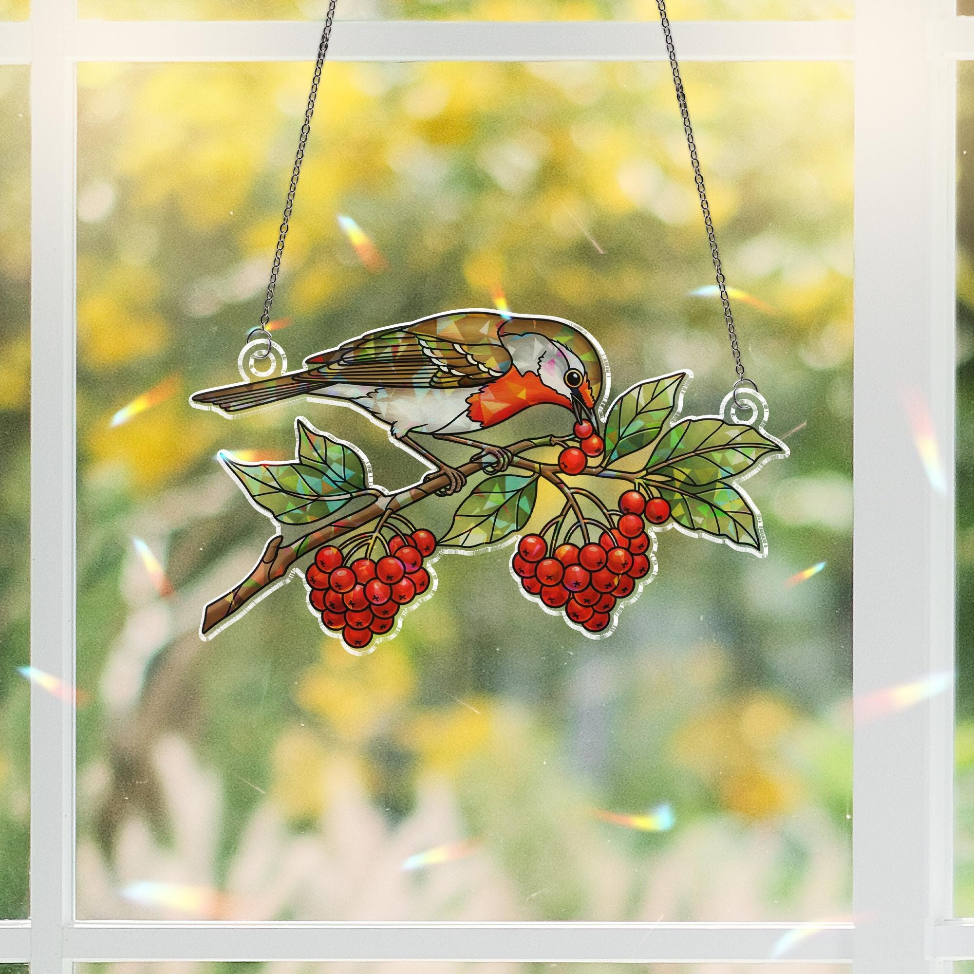 Bird and Berry Suncatcher – Holographic Window Hanging Fall Decor – Stained Glass Style Autumn Bird Ornament Gift for Nature Lovers