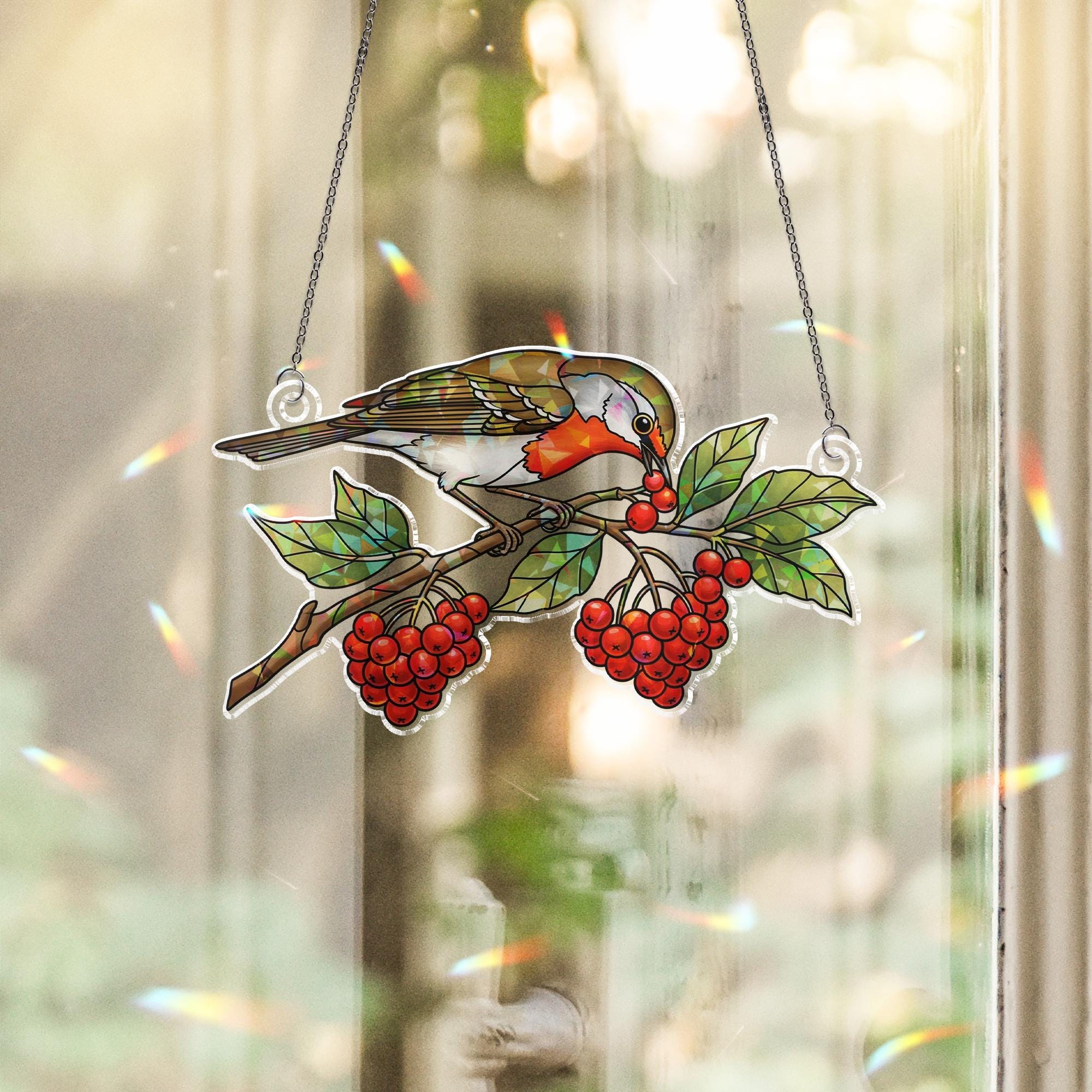Bird and Berry Suncatcher – Holographic Window Hanging Fall Decor – Stained Glass Style Autumn Bird Ornament Gift for Nature Lovers