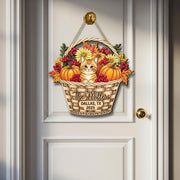 Custom Fall Cat Basket Sign – Personalized Wooden Door Hanger with Pumpkins & Flowers – Autumn Porch Decor for Family Home Gift