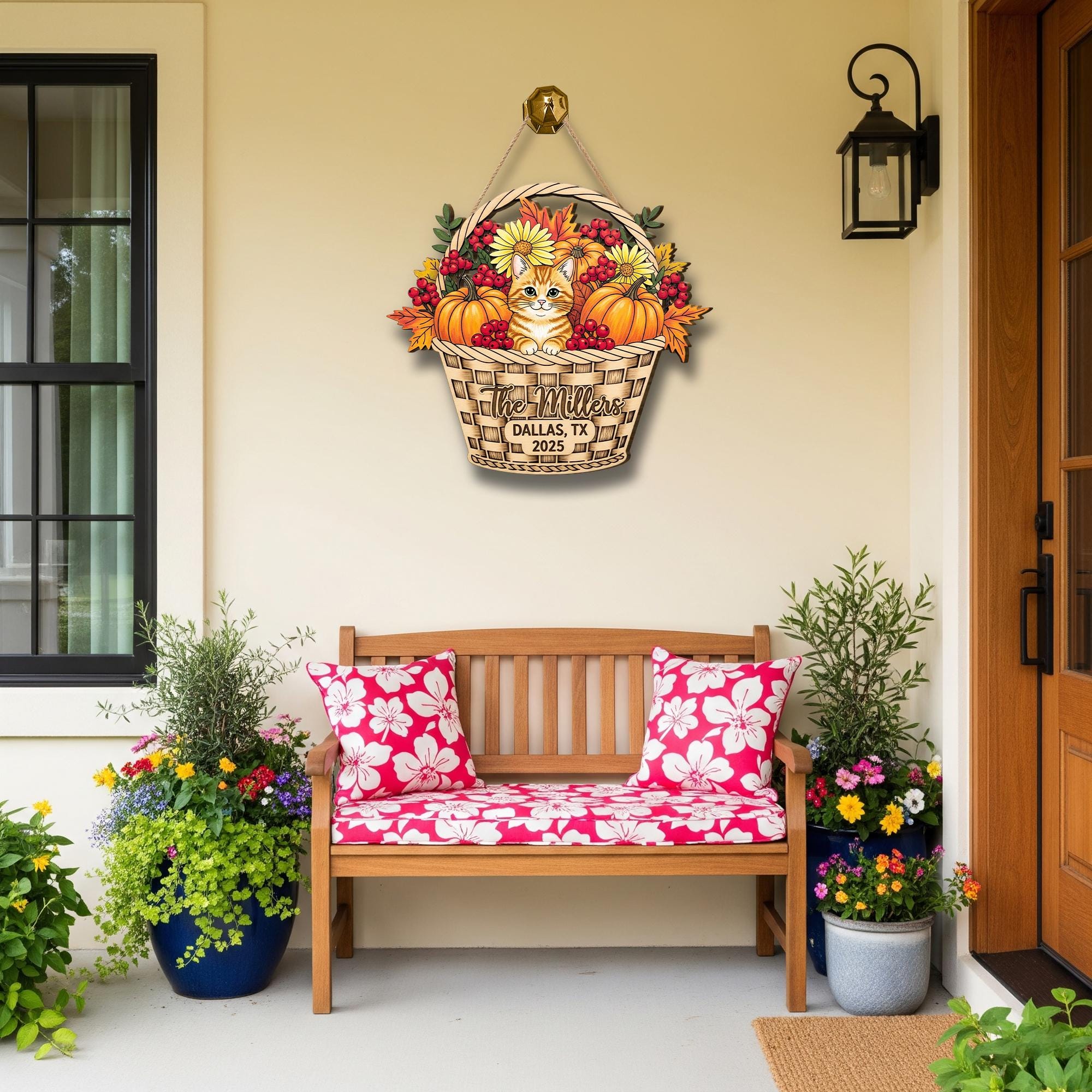 Custom Fall Cat Basket Sign – Personalized Wooden Door Hanger with Pumpkins & Flowers – Autumn Porch Decor for Family Home Gift