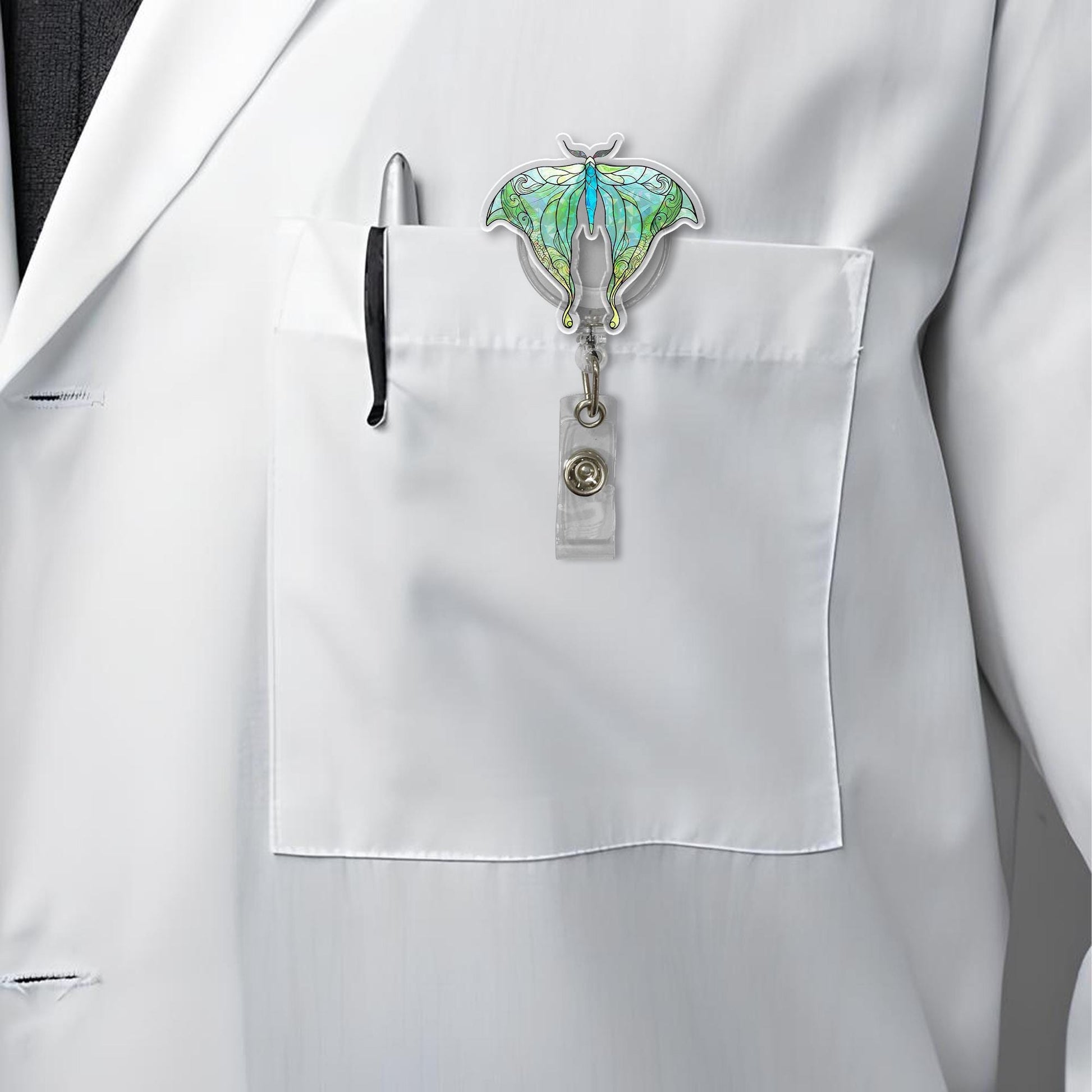 Luna Moth Badge Reel – Holographic Butterfly ID Holder for Nurses, Teachers & Staff – Nature Aesthetic Retractable Clip