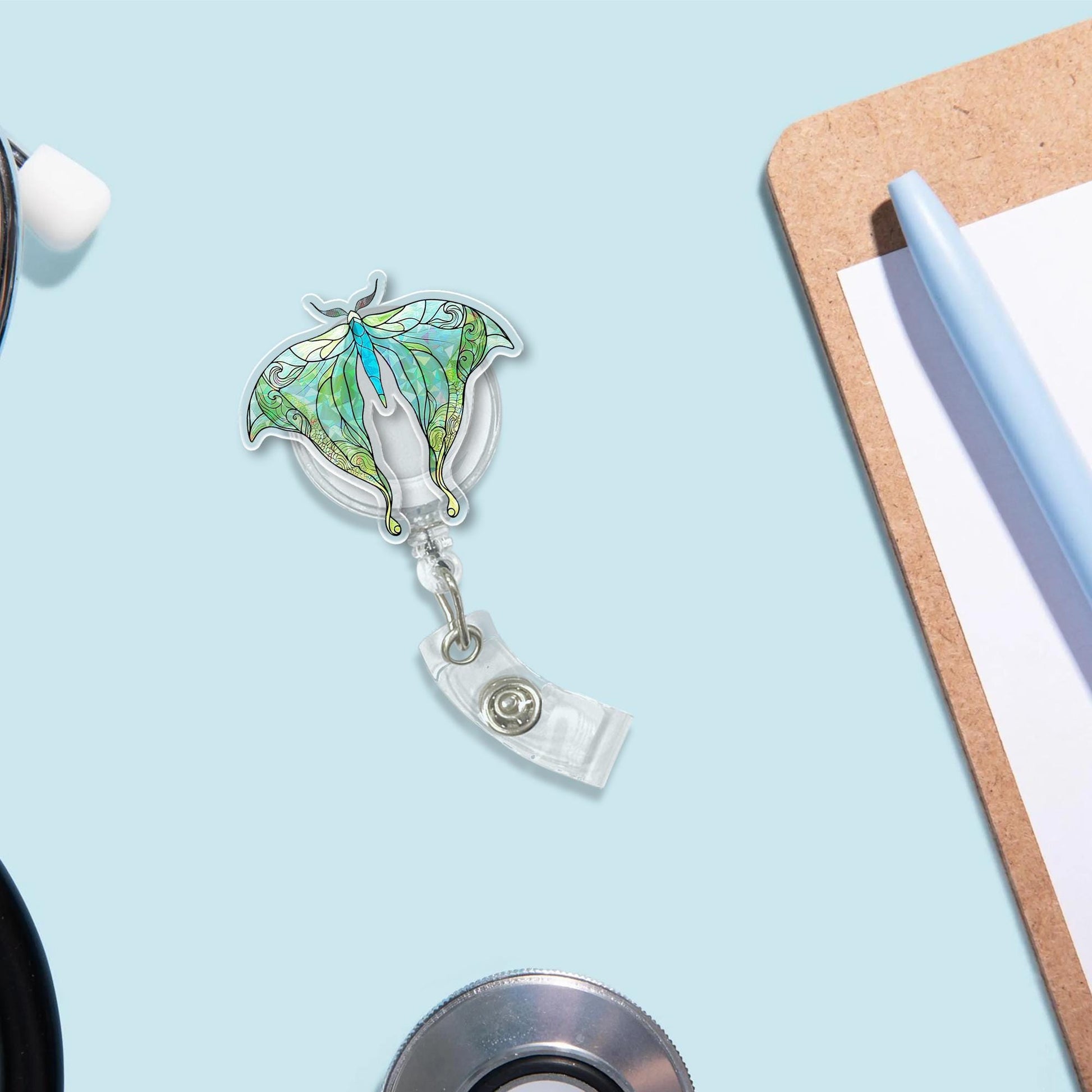 Luna Moth Badge Reel – Holographic Butterfly ID Holder for Nurses, Teachers & Staff – Nature Aesthetic Retractable Clip