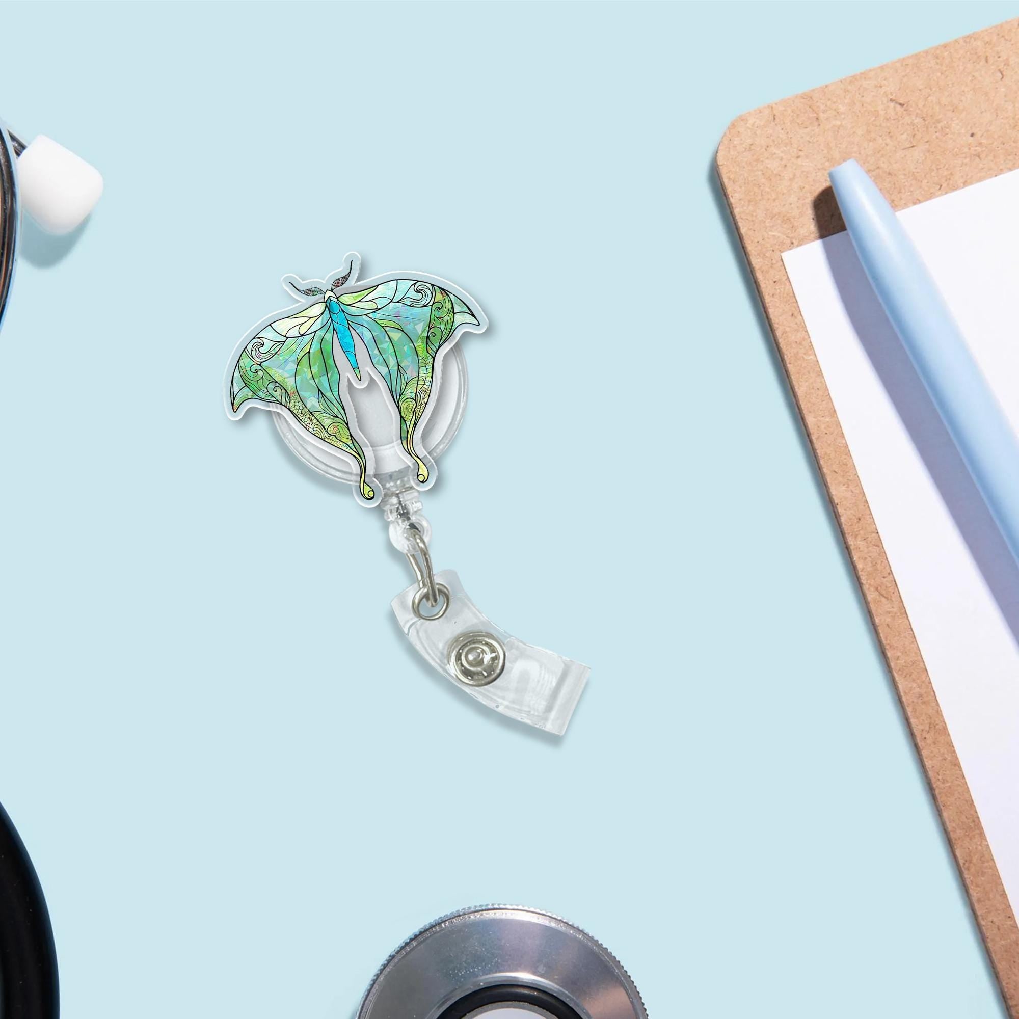 Luna Moth Badge Reel – Holographic Butterfly ID Holder for Nurses, Teachers & Staff – Nature Aesthetic Retractable Clip