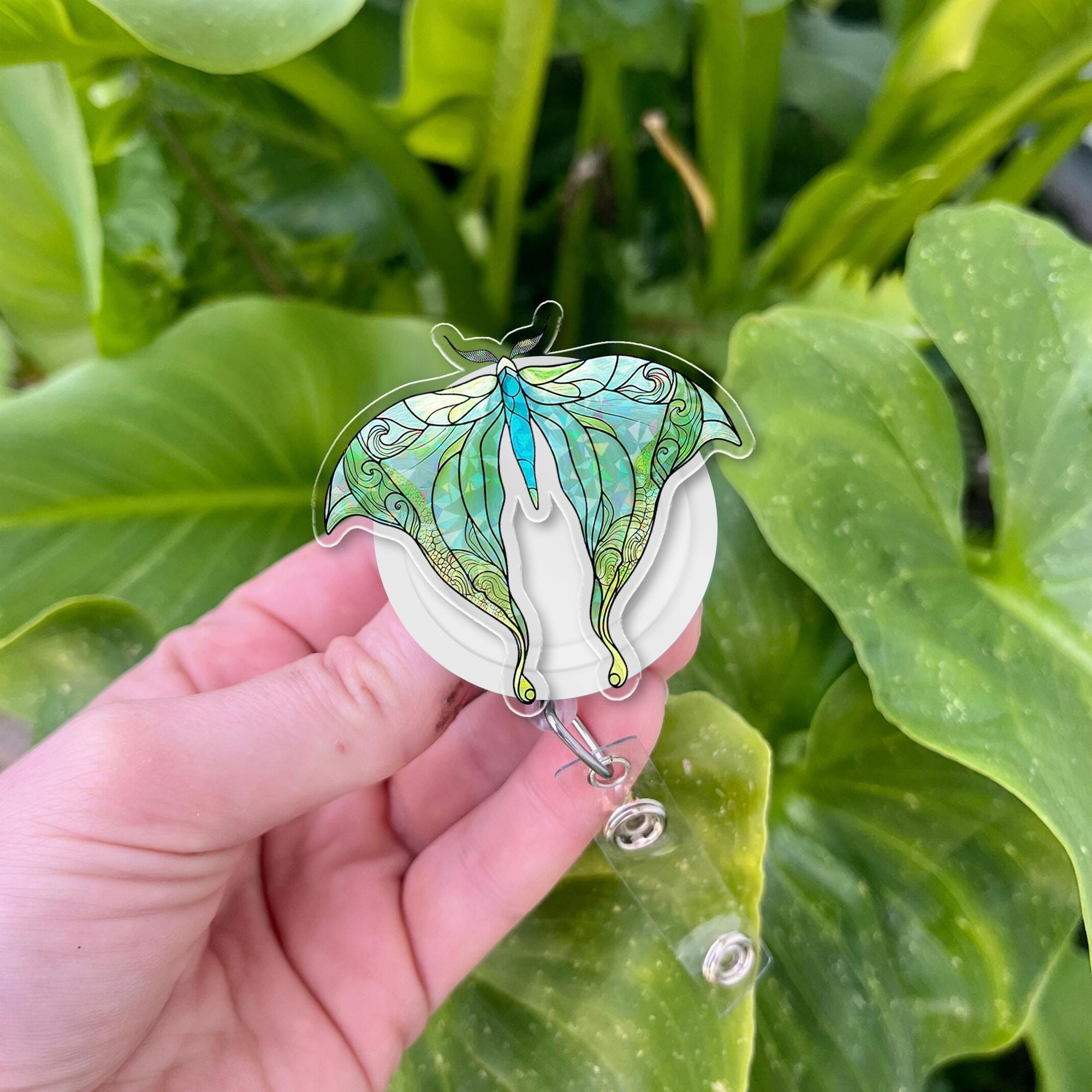 Luna Moth Badge Reel – Holographic Butterfly ID Holder for Nurses, Teachers & Staff – Nature Aesthetic Retractable Clip