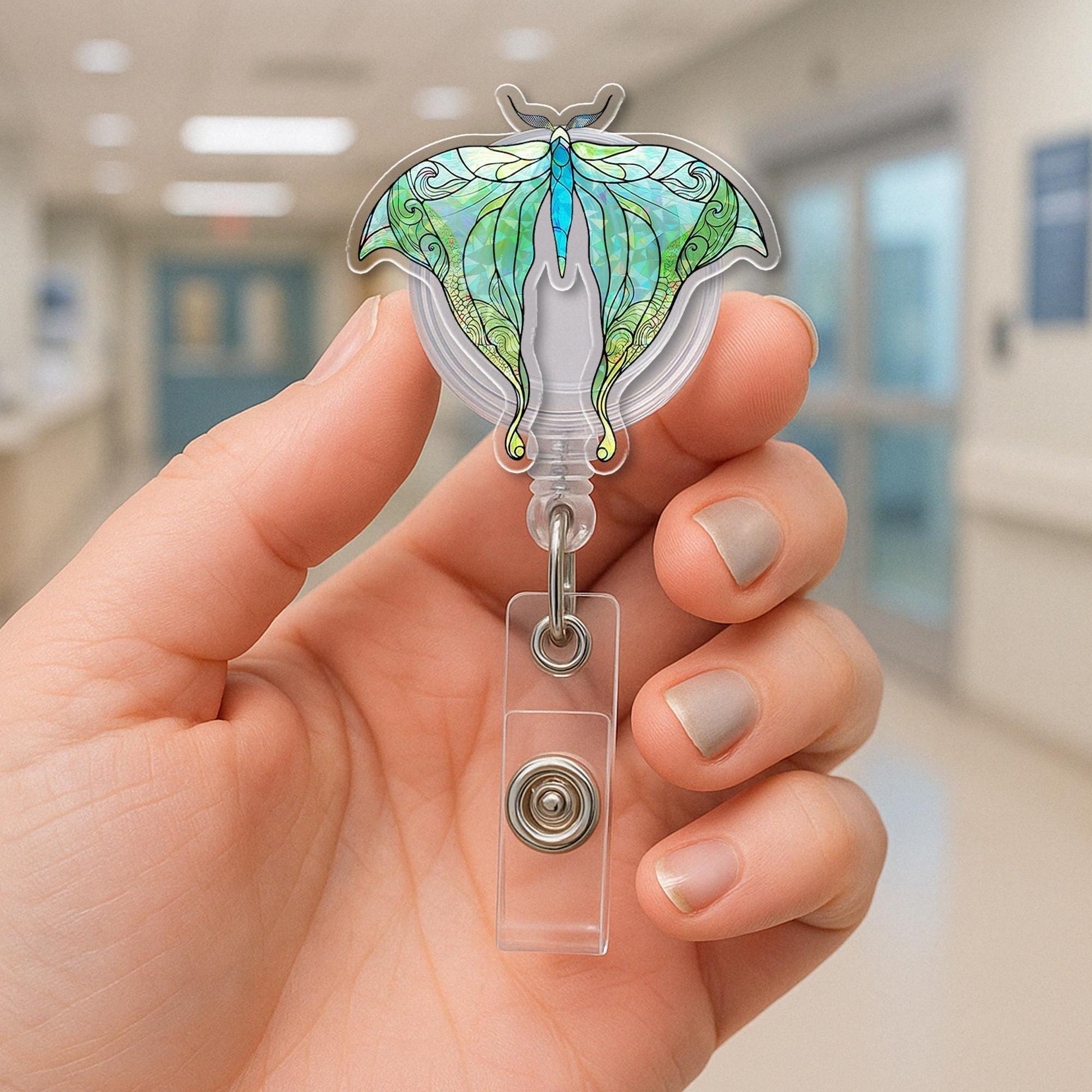 Luna Moth Badge Reel – Holographic Butterfly ID Holder for Nurses, Teachers & Staff – Nature Aesthetic Retractable Clip